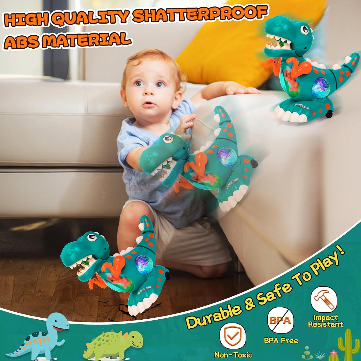 Thumbnail 4 de Thedttoy Musical Light Crawling Walking Dinosaur Toy (Green) for Baby Boys & Girls