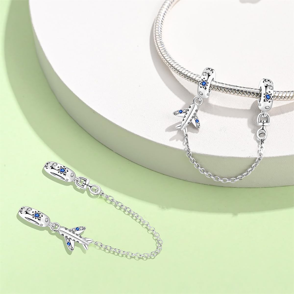 Thumbnail 1 de 925 Sterling-Silber Sicherheitskette/Charm-Clasp mit Herz & Silikon-Stopper für Charm-Armbänder