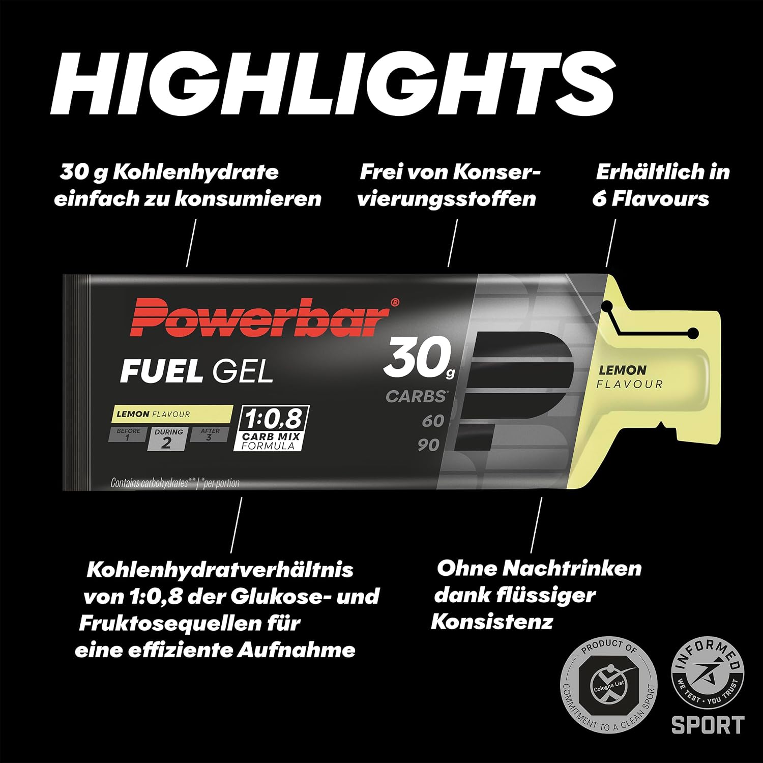 Detalle de Powerbar Black Line Fuel 30 Gel Lemon – koffeinfreies Kohlenhydratgel, 12x50ml