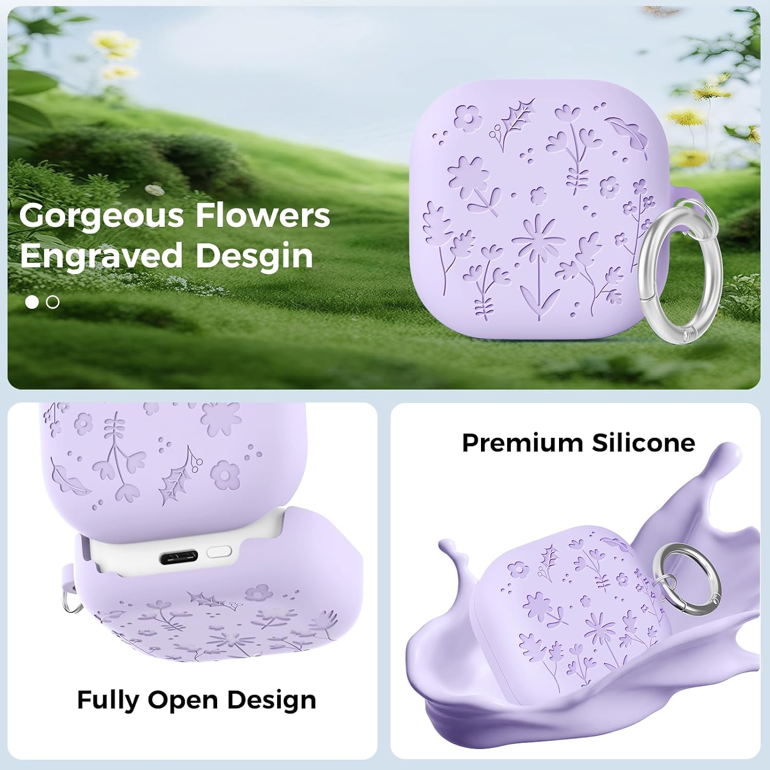 Detalle de AhaStyle Silicone Case for Samsung Galaxy Buds4 Series – Flower Engraved, Cute Cover with Carabiner