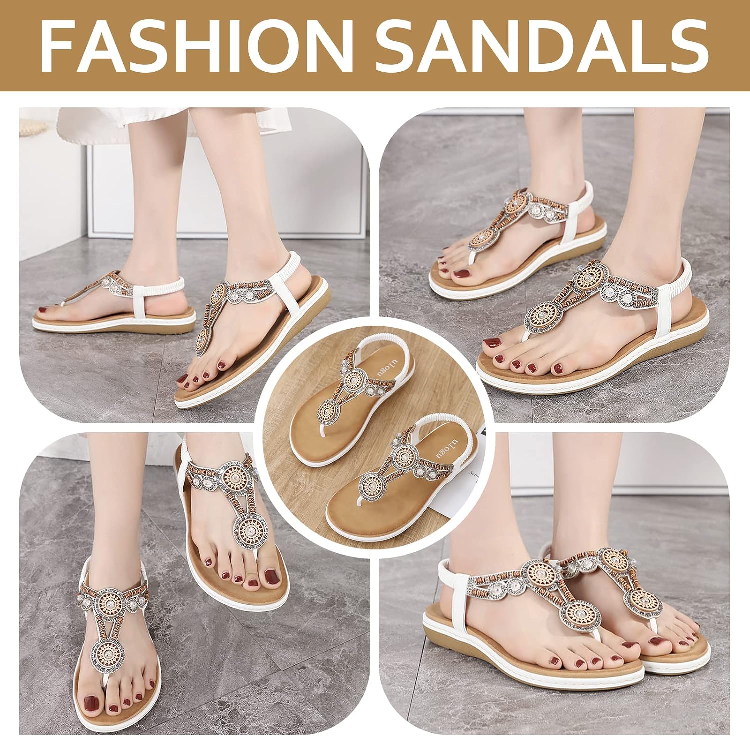 Thumbnail 4 de FOGOIN women’s flat leather-look toe-post sandals with boho bead straps