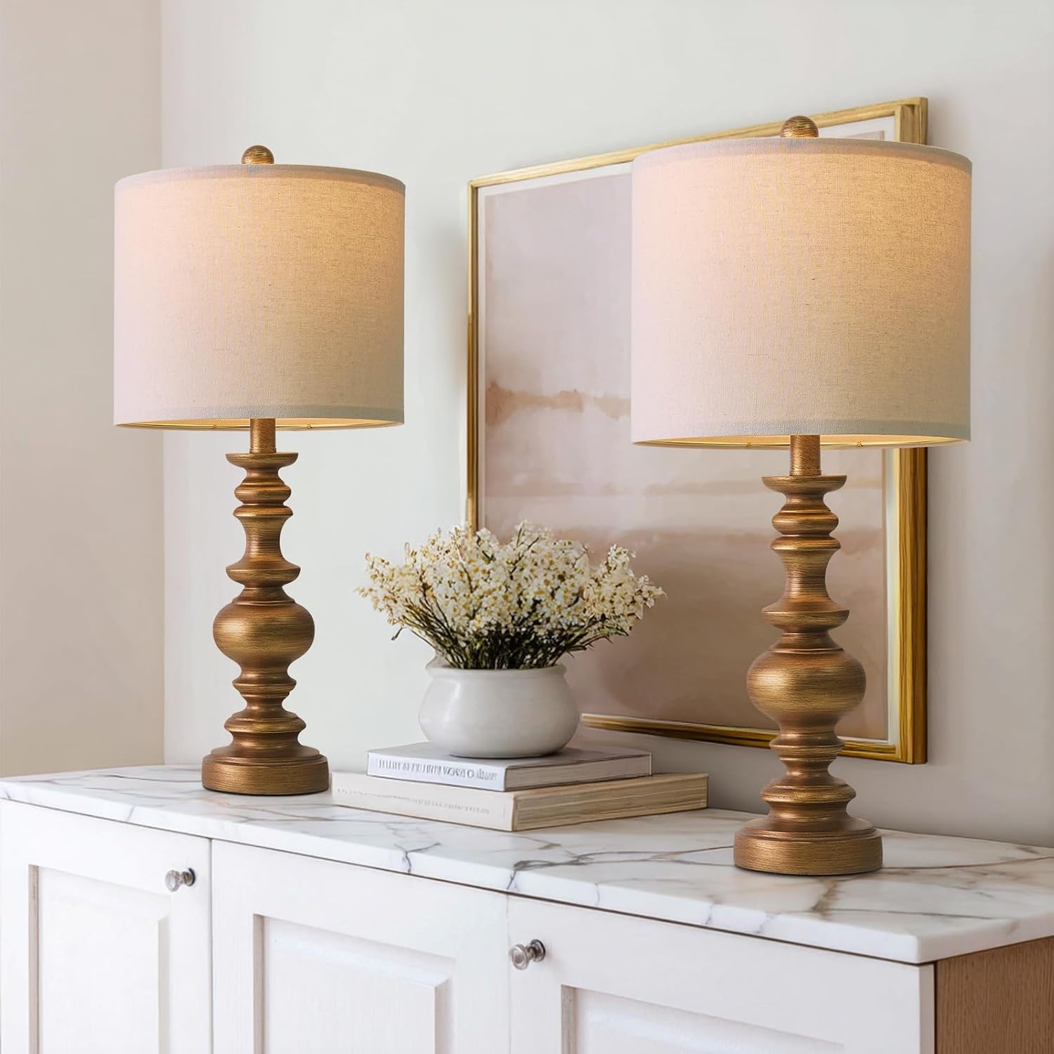 Detalle de BOBOMOMO AMZ-T2026M-AGL Table Lamps, Set of 2, 24-Inch Antique Gold, Linen Shades