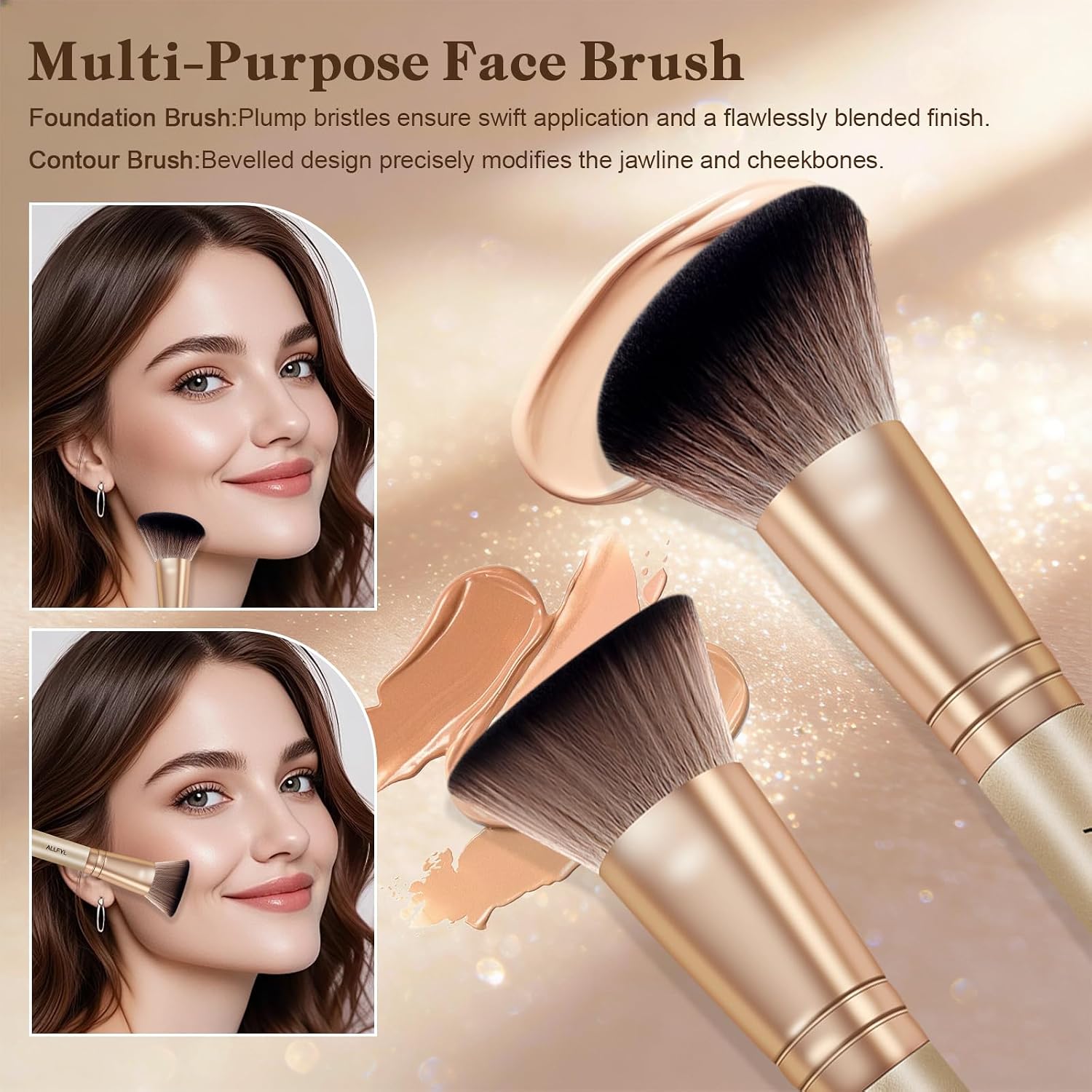 Detalle de ALLFYL Set 6 Pennelli Doppi Trucco Professionali Champagne: kit tutto-in-uno per viso, occhi e labbra