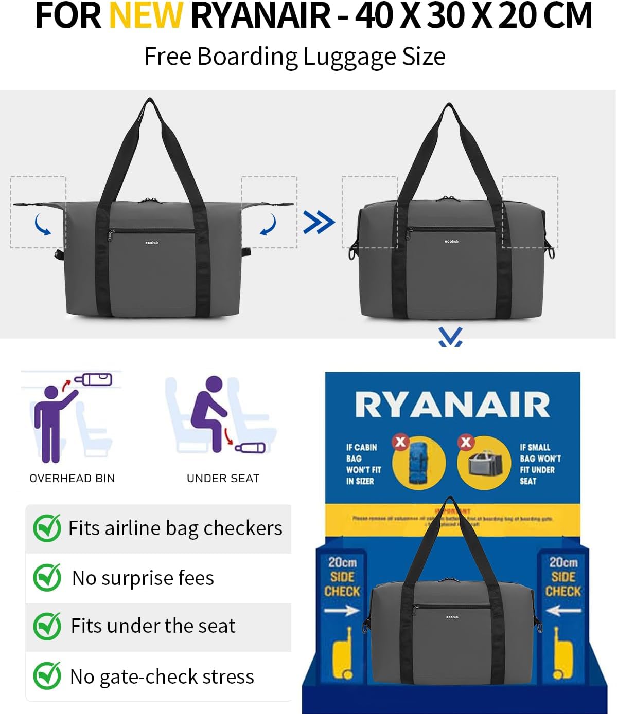 Thumbnail 1 de ECOHUB 24L Foldable Ryanair Cabin Bags — 2 Pack, Underseat Holdall, Water-Resistant Lightweight Duffel