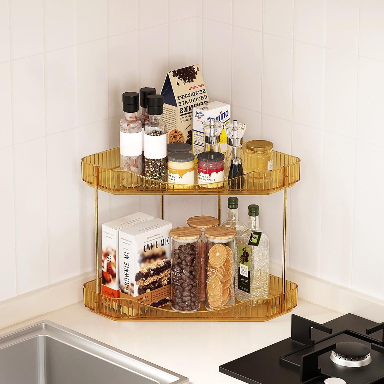 Detalle de Lifewit 24022 2-Tier Corner Organiser, Gold Plastic Shelf