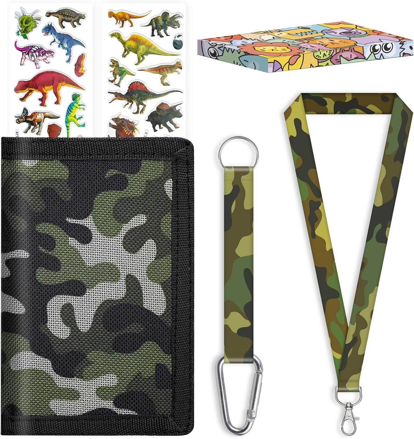 Detalle de Sundee Kids Wallet for Boys & Girls – Box-Packed Trifold with Lanyard, Dinosaur Stickers, and Zipper Coin Pocket (Camo Green)