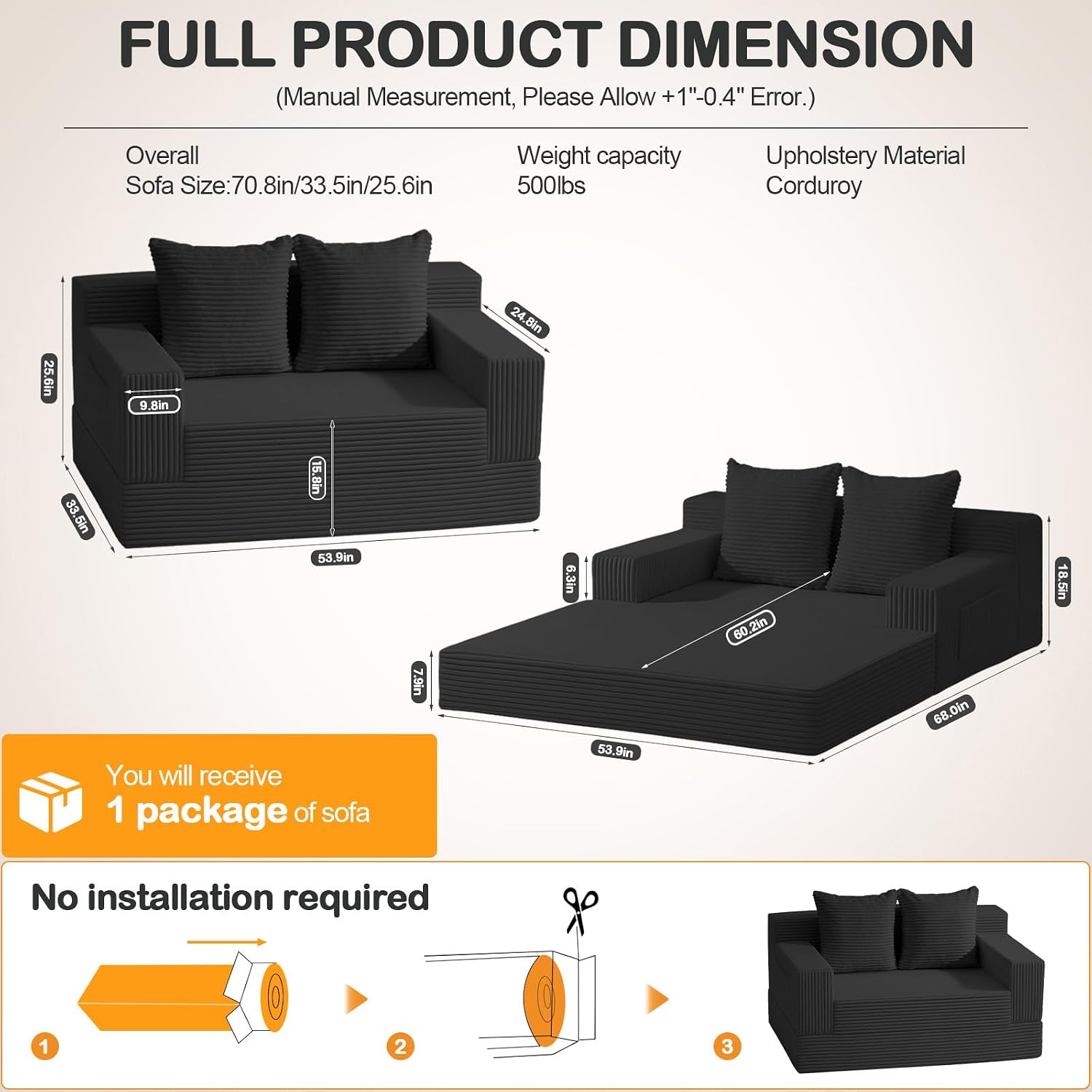 Thumbnail 1 de Erament Loveseat Convertible Sofa Bed, Black Corduroy, Folding Design