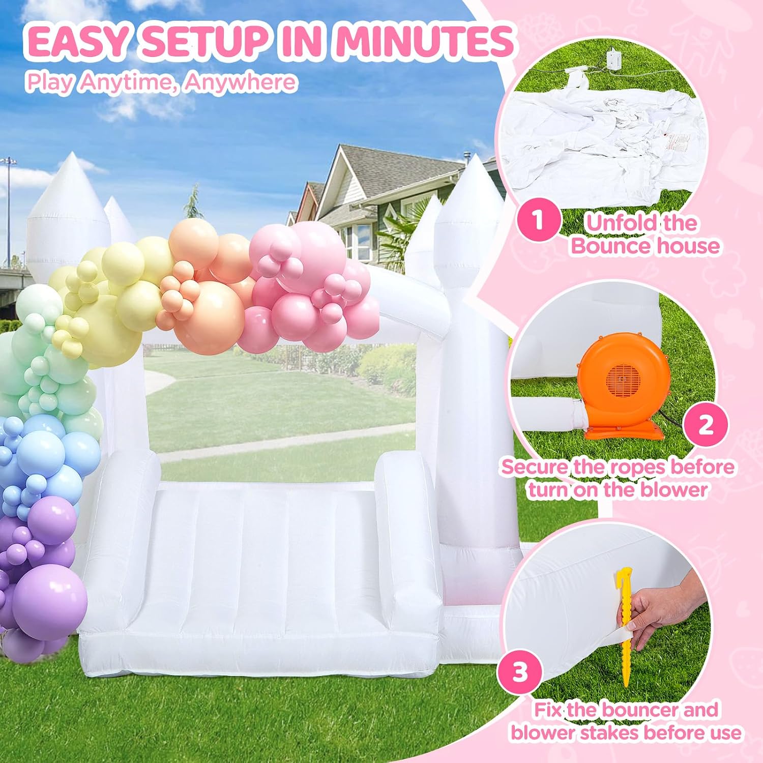 Detalle de White Bounce House for Kids 3-6 with Blower, 10x10x7 ft Inflatable Castle