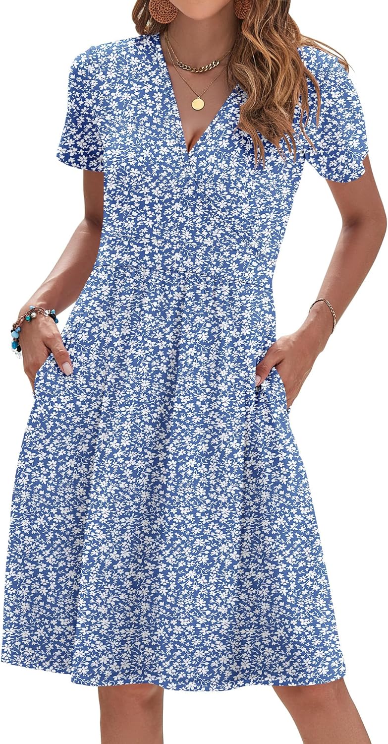 Detalle 2 de AUSELILY Womens Summer Dresses 2026 Short Sleeve V Neck Floral Sundress with Pockets