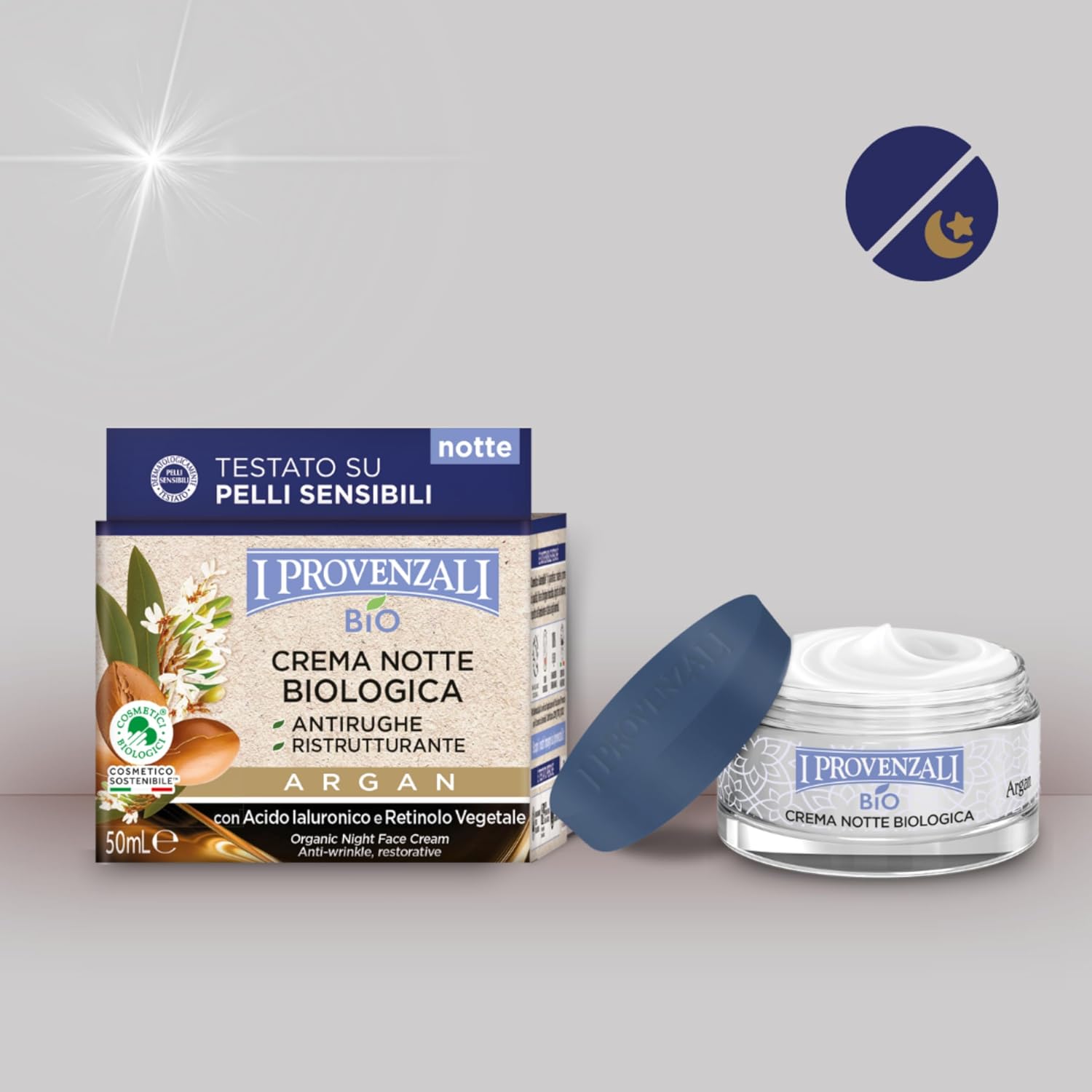 Detalle de I Provenzali Crema Notte Antirughe Biologica all'Argan, 50 ml — ristrutturante vegana per pelle secca e matura