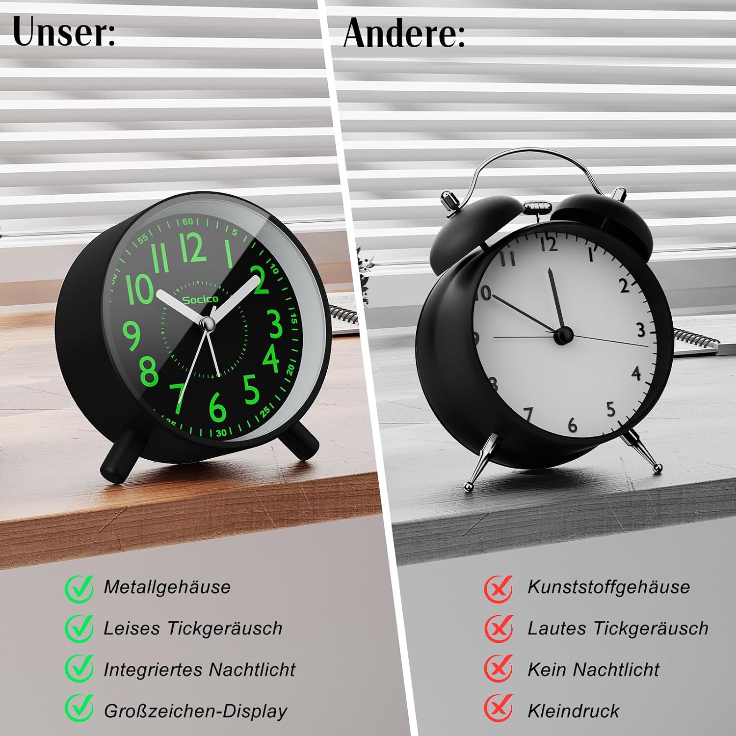 Thumbnail 5 de SOCICO Analoger Wecker mit Nachtlicht