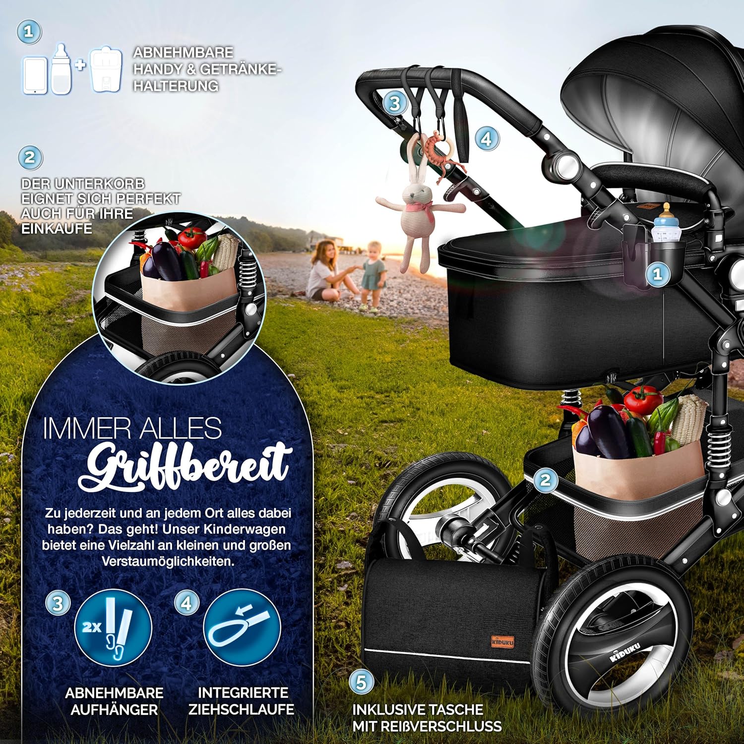 Thumbnail 6 de KIDUKU 3 in 1 Kinderwagen XXL Komplettset – Vollständiges Set mit Babywanne, Buggy, Sportsitz & Auto-Babyschale