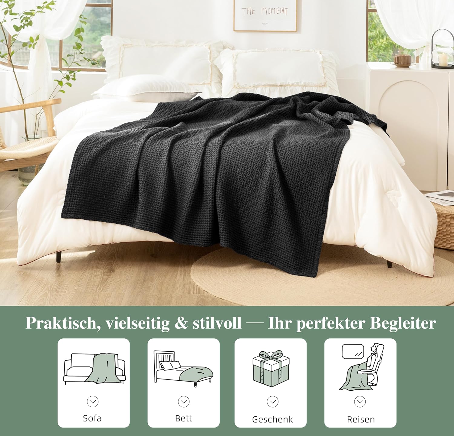 Thumbnail 4 de CHUFFED Decke 100% Baumwolle 150 x 200 cm – weiche, atmungsaktive Kuscheldecke mit Waffelmuster (Anthrazit)