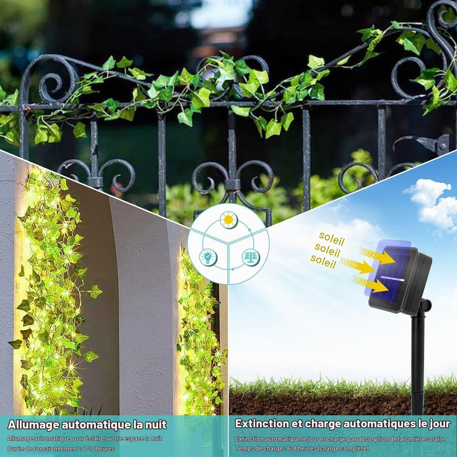 Detalle 2 de Bigzom Lichtsnoer op zonne-energie: klimopslinger van 12 m met 120 warmwitte leds