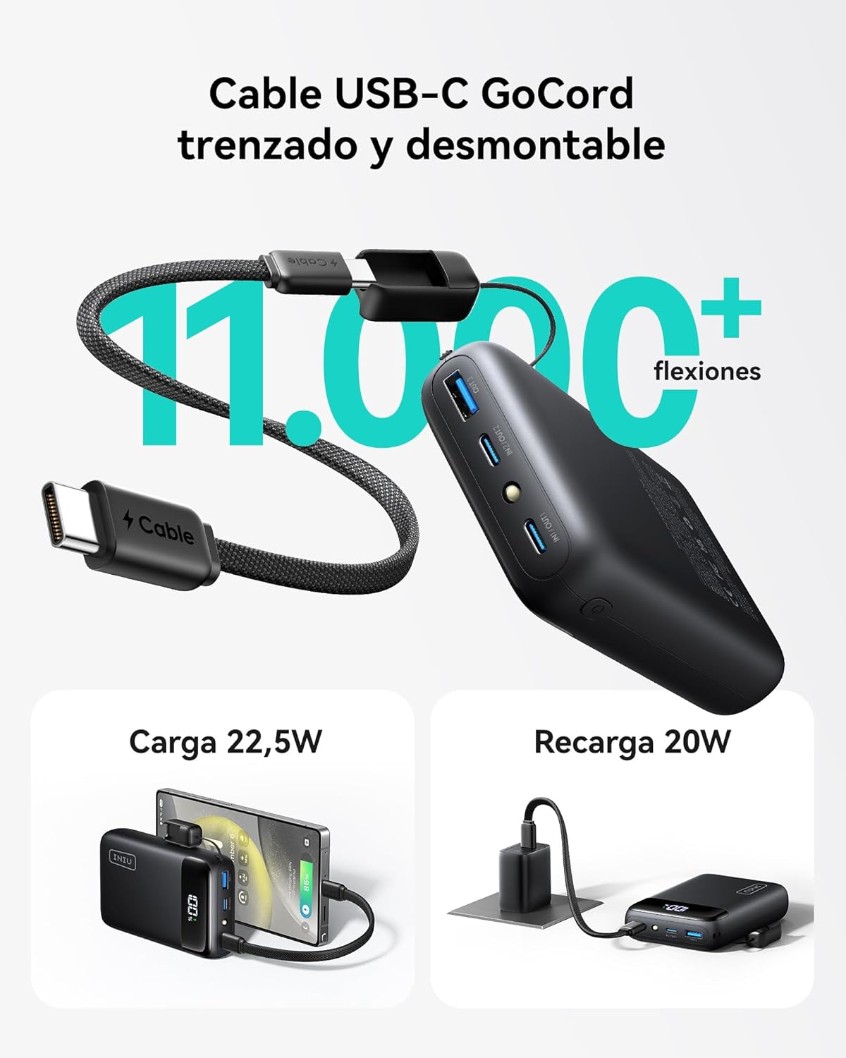 Thumbnail 4 de INIU Power Bank, Ultrapequeño 20000mAh 22,5W PD3.0 QC4.0 Bateria Externa Carga Rapida, USB C Input & Output Bateria Portatil, Powerbank Compatible con iPhone 17 16 15 14 Pro MAX Plus, Samsung, Xiaomi