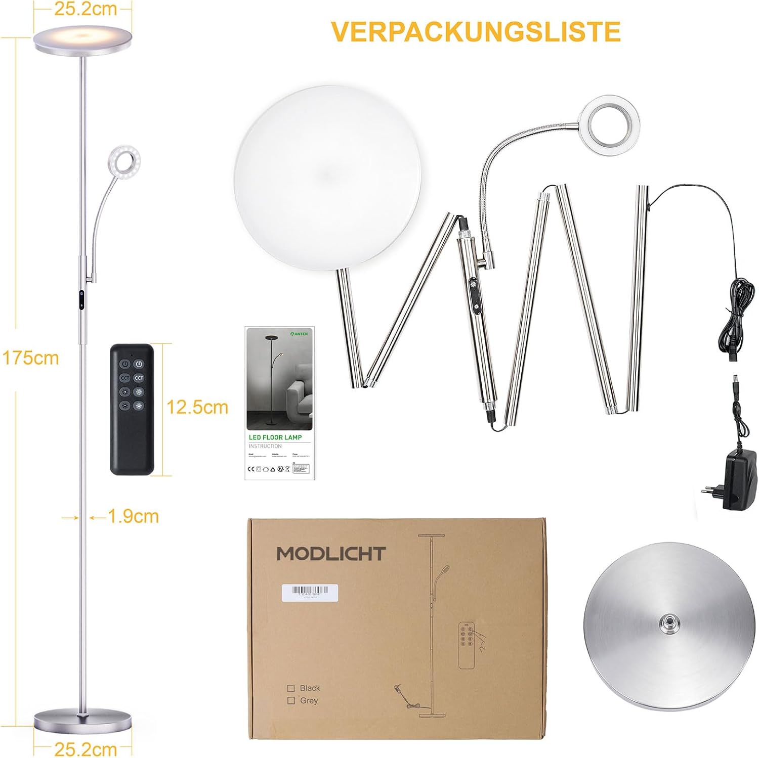 Thumbnail 6 de Modlicht 35W Stehlampe LED Dimmbar Silber – 4200LM, 4 Farbtemperaturen, Fernbedienung & Touch-Steuerung