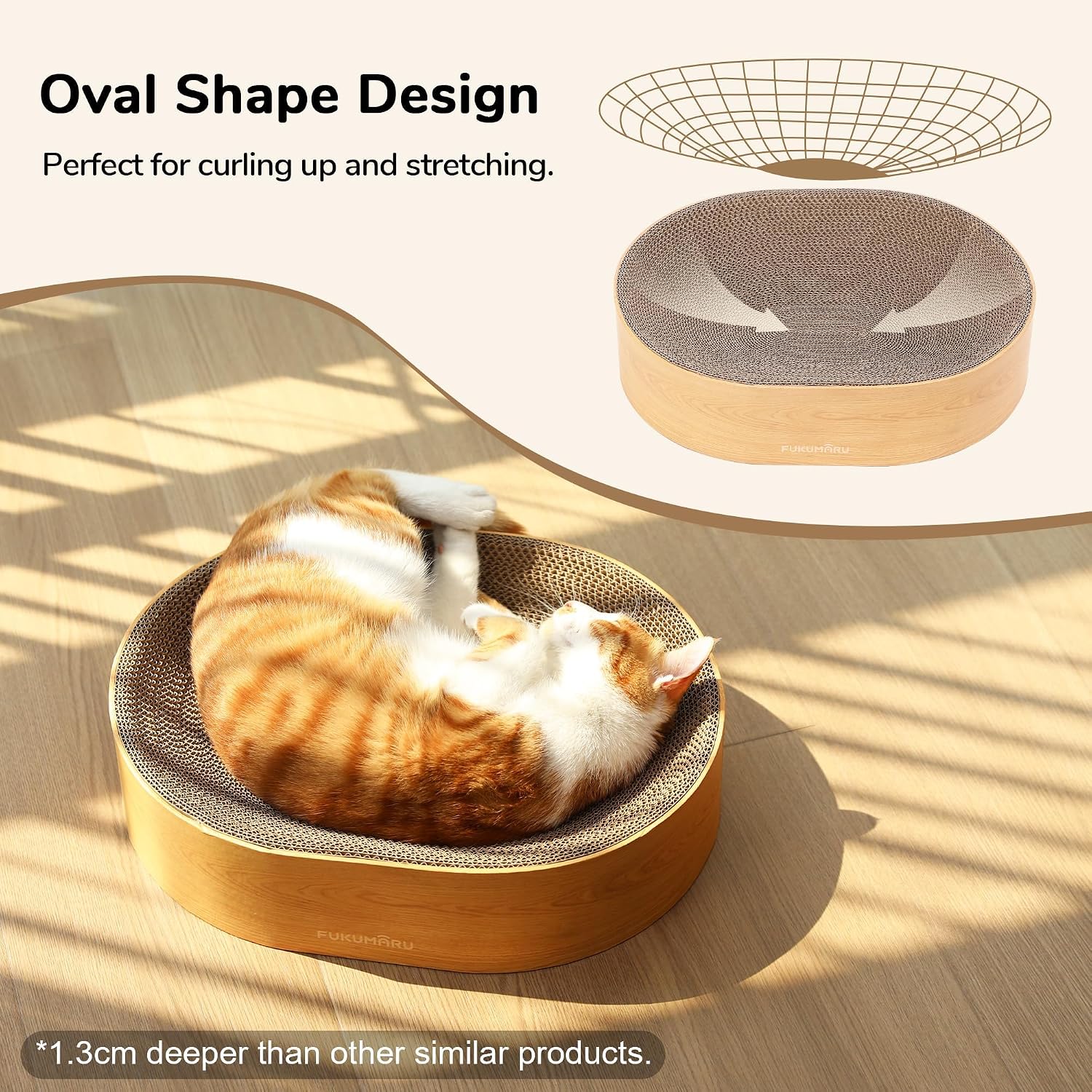 Detalle 2 de FUKUMARU Cat Scratcher Cardboard Lounge Bed (2-in-1 oval scratch pad) in wood colour