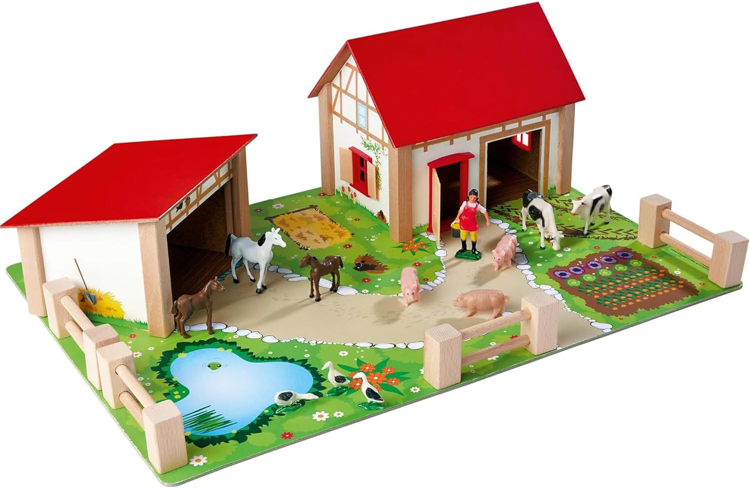 Detalle de Eichhorn Bauernhof 100004309 – Bauernhof-Spielset aus Buchenholz mit 2 Gebäuden, Tieren und Zäunen (20-teilig)
