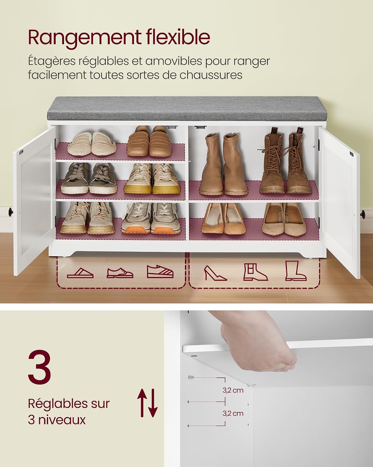 Detalle 2 de VASAGLE LSB044W01 Banc à chaussures 3 niveaux 35,5 cm
