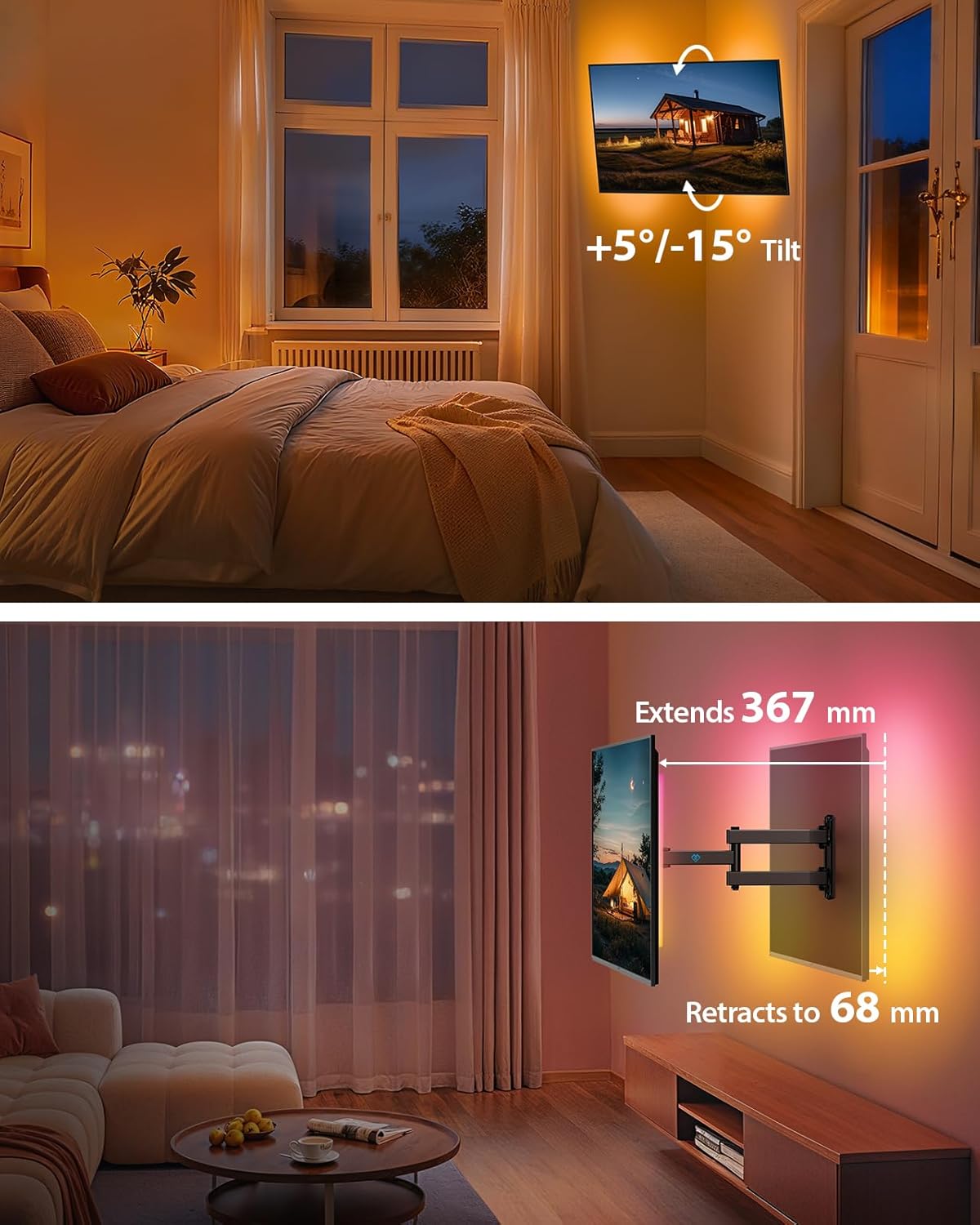 Thumbnail 5 de PERLESMITH Voll-bewegliche TV Wandhalterung mit LED-Licht für 12"–42" TVs, VESA 200x200mm, Neigung, Drehung, Schwenkung und LED-Musik-Synchronisation