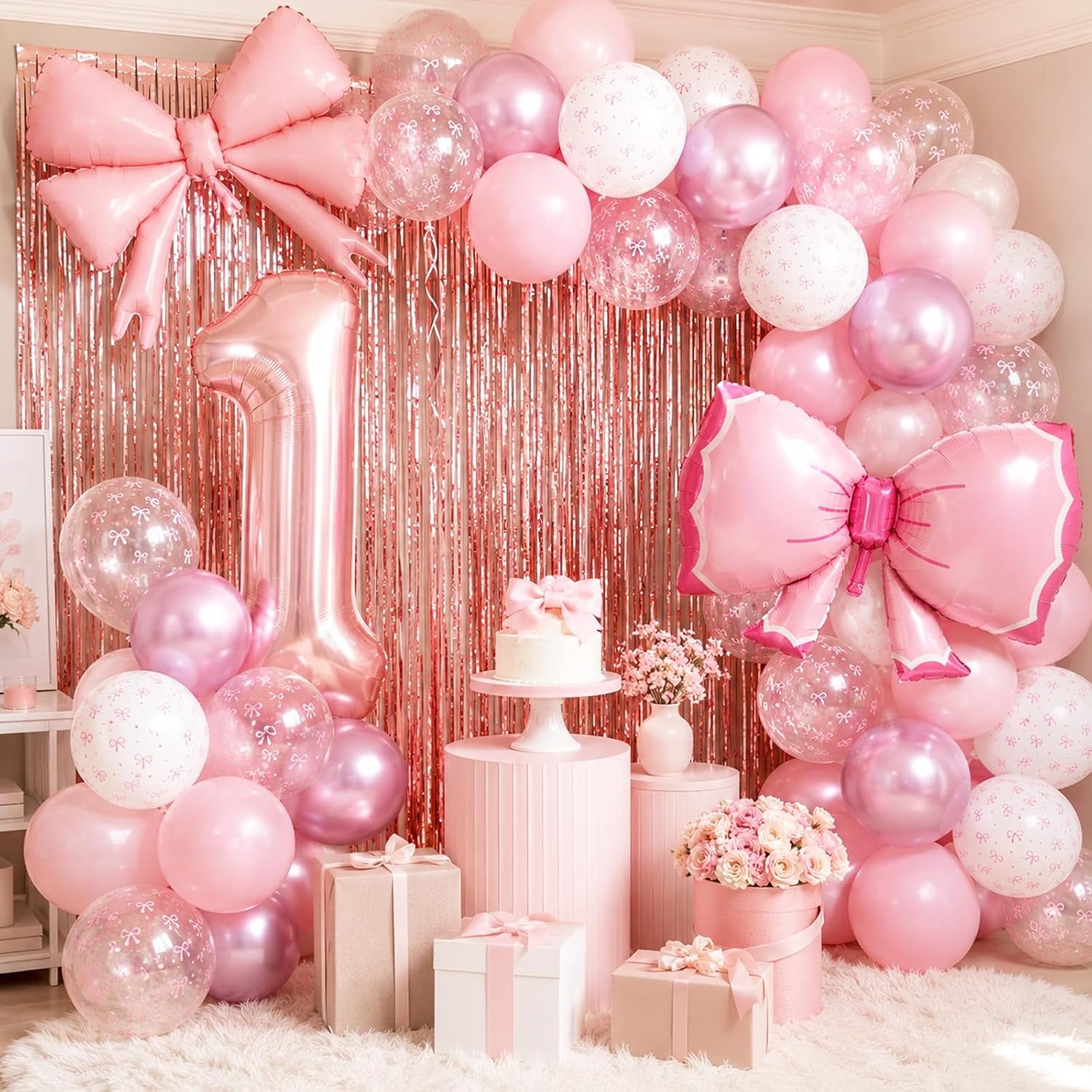 Detalle de Bow Balloons 35-Piece Light Baby Pink, White & Clear Pastel Balloon Set with Bow Foil Balloon and Ribbon