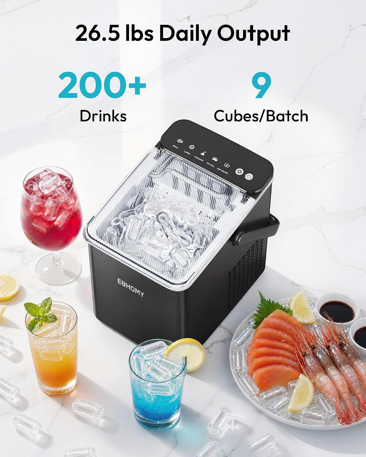 Detalle de EUHOMY Countertop Ice Maker, 9 Cubes in 6 Minutes, Auto-Cleaning, Black