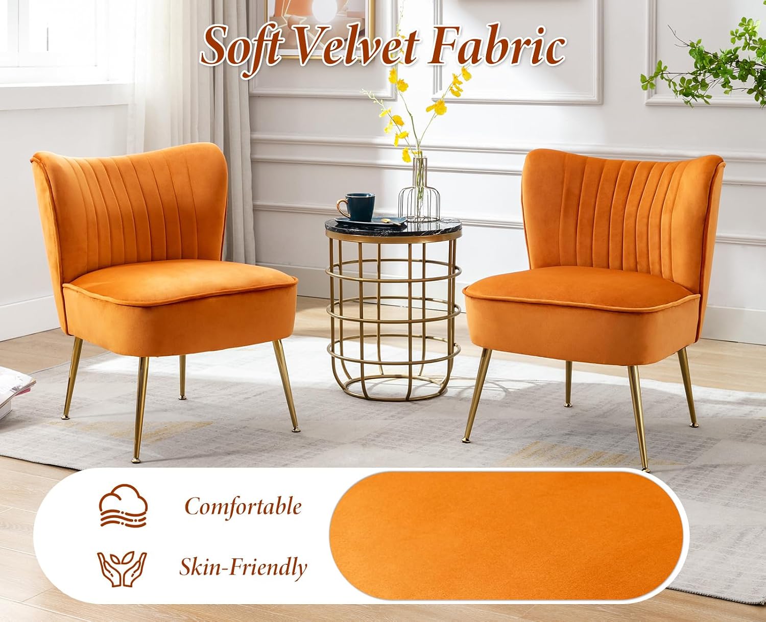Detalle de chairus set van 2 fluwelen fauteuils, oranje, met gouden poten