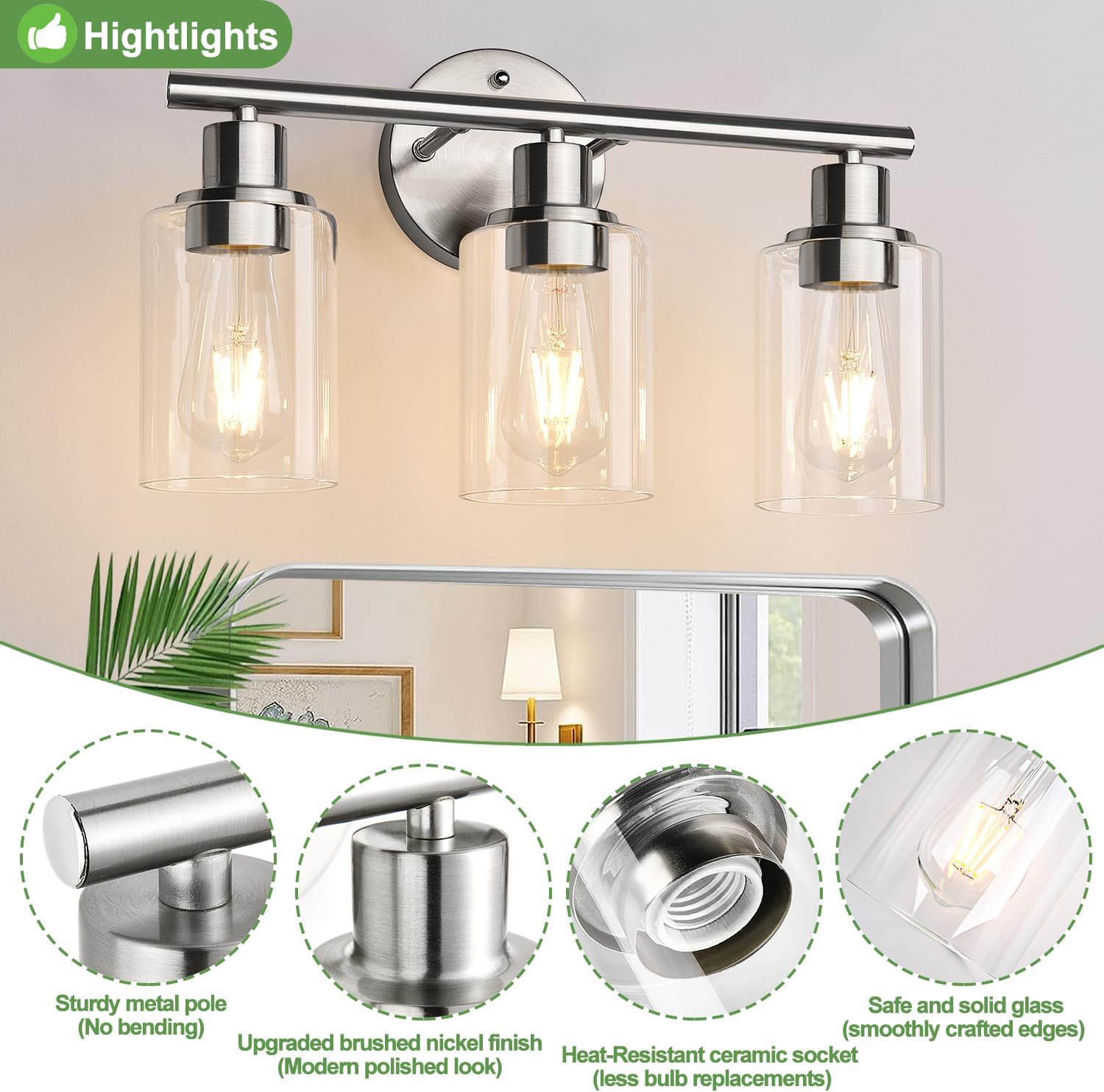 Detalle 2 de Zarbitta Gf-sxbv-41 3-Light Vanity Light, Brushed Nickel, Clear Glass