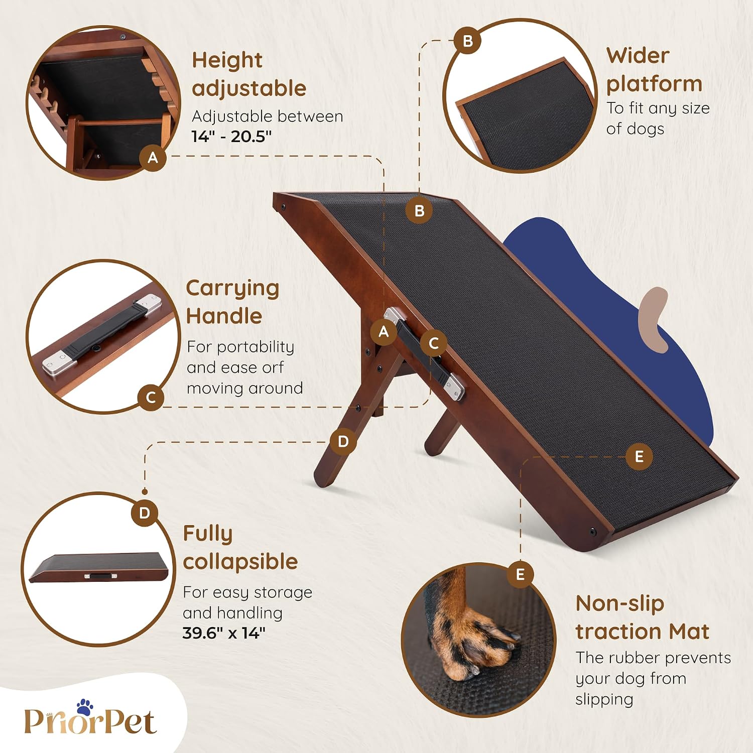 Detalle de PRIORPET Birchwood Foldable Dog Ramp for Couch (Walnut) – Adjustable 7"–20", Anti-Slip Landing Deck