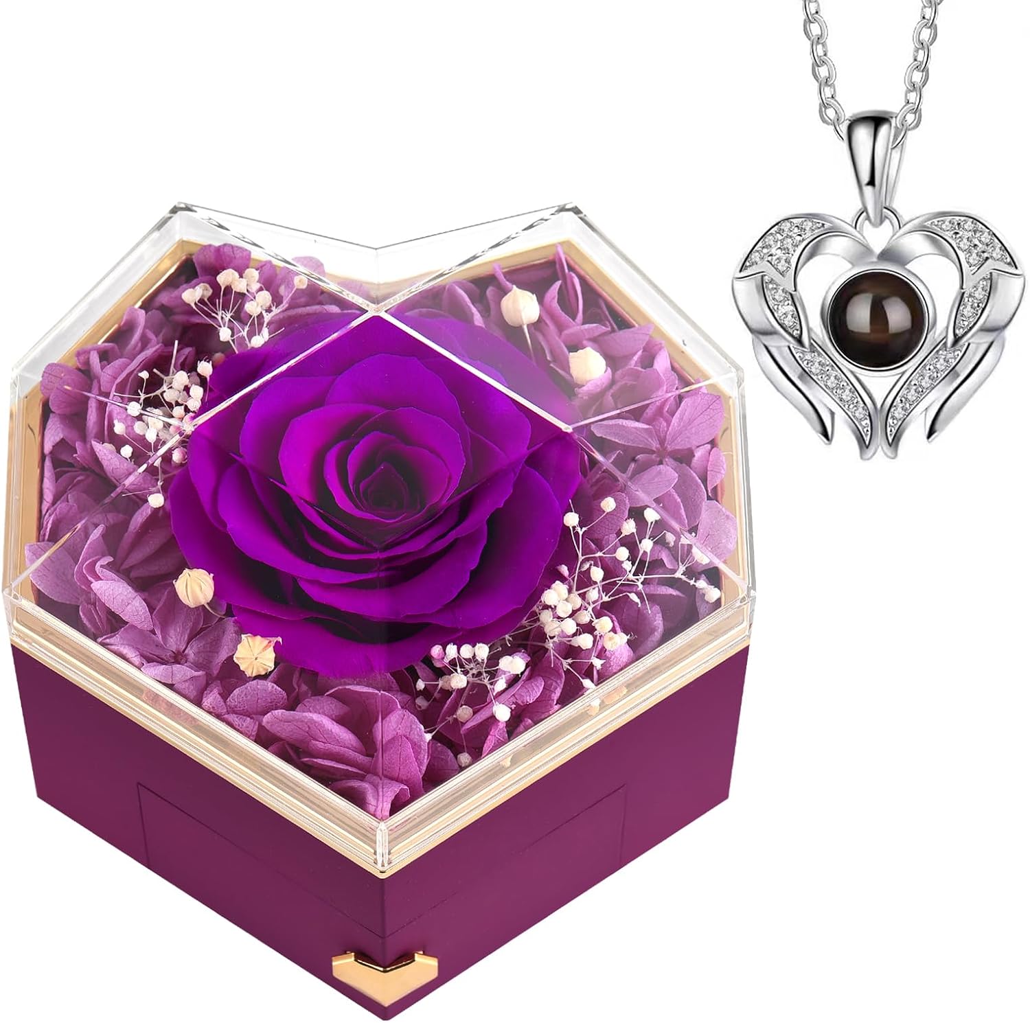 Detalle de GOICC Preserved Rose with Necklace Gifts Box for Her — Eternal Purple Rose and Angel Wing Necklace