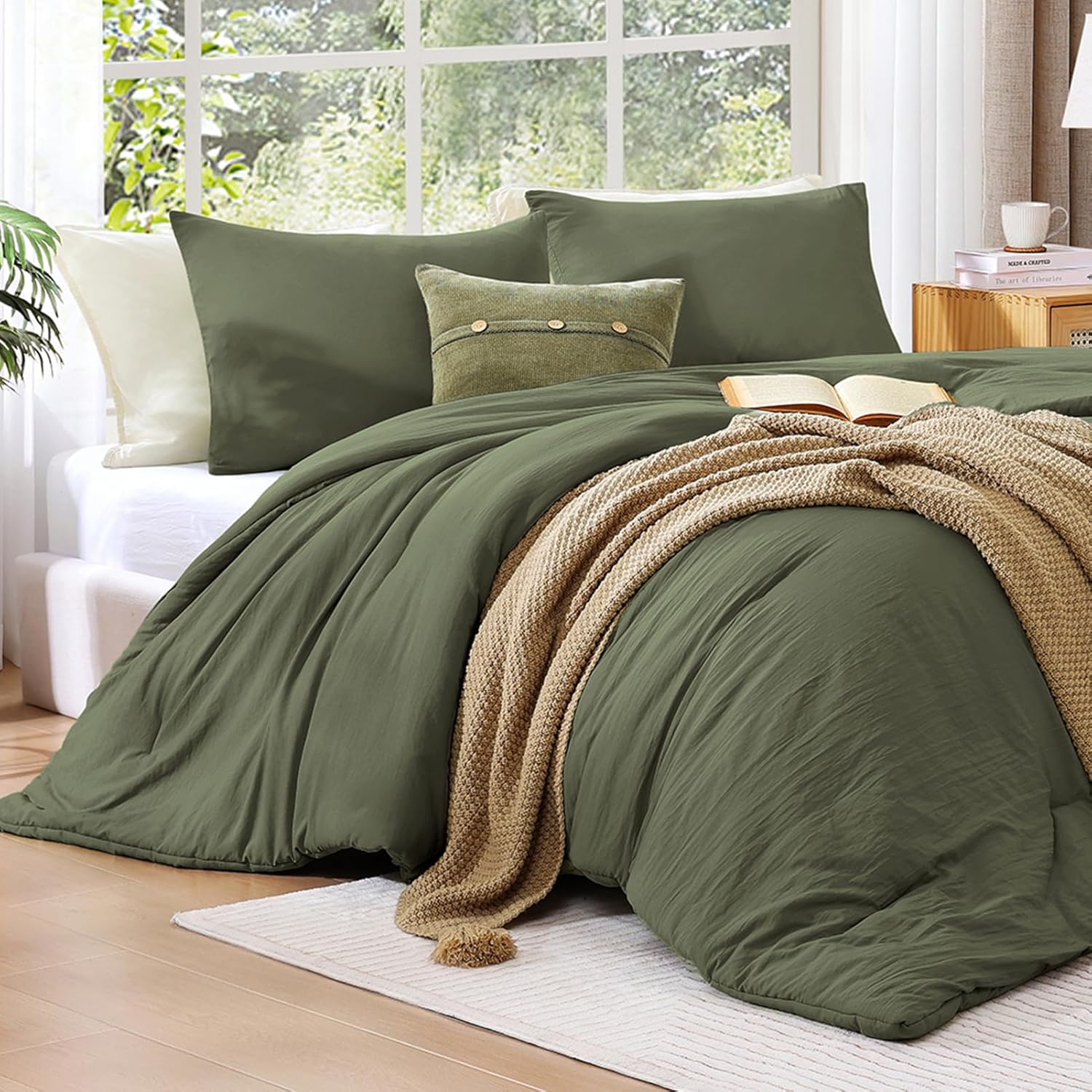 Thumbnail 6 de WRENSONGE Queen Comforter Set (3-Piece) – Prewashed Olive Green Lightweight Comforter with 2 Pillow Shams