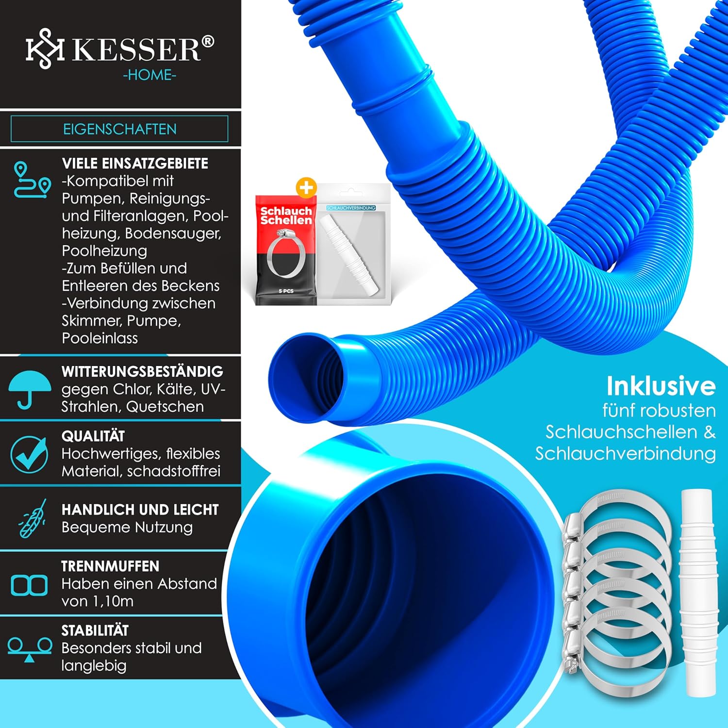 Thumbnail 1 de KESSER Poolschlauch 8 m | Ø 38 mm – flexibler Schwimmbadschlauch mit Muffen, inkl. Schellen