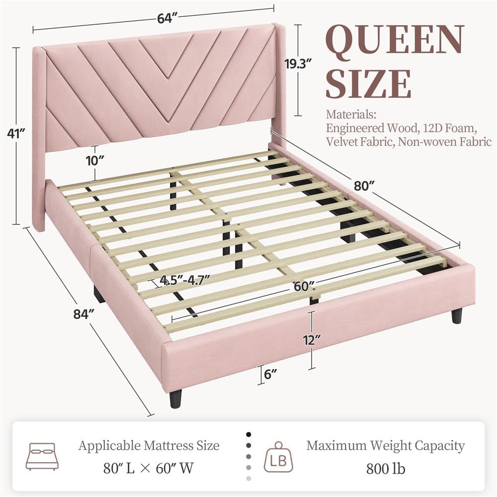 Detalle de Yaheetech YT-00142947 Queen Upholstered Platform Bed Frame, Pink Velvet