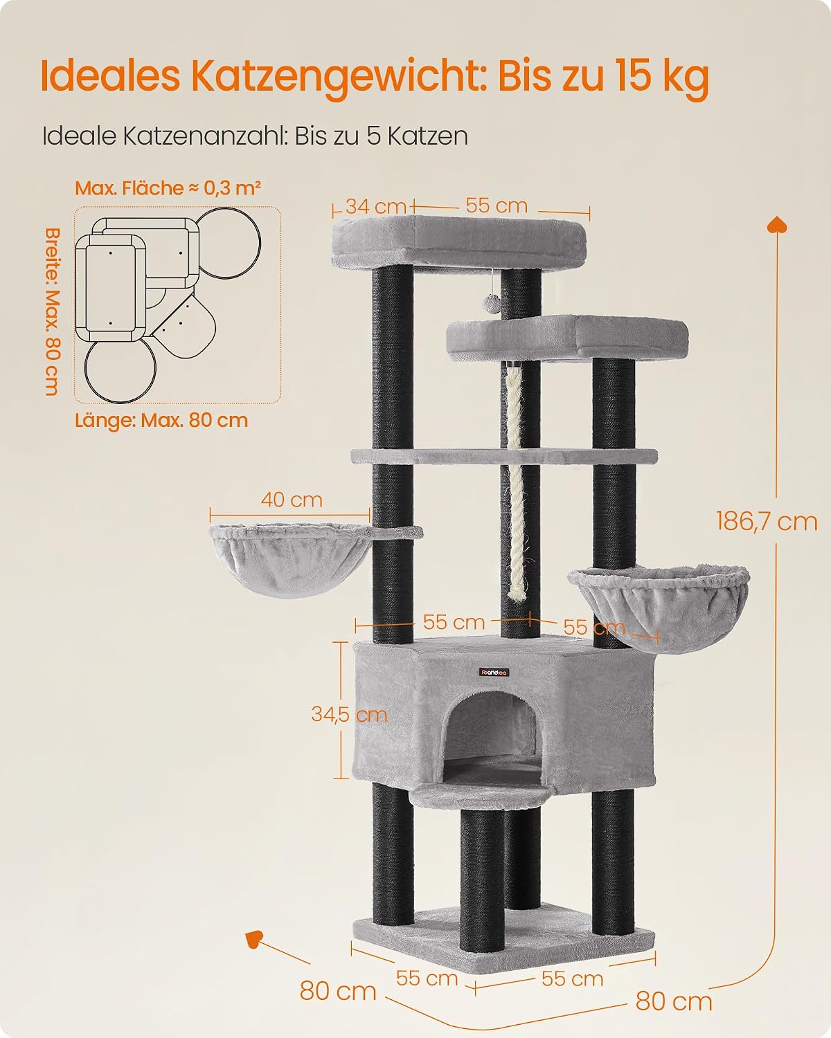 Thumbnail 4 de Feandrea Kratzbaum PCT008G02 XXL 186,7 cm Katzenbaum 🐱