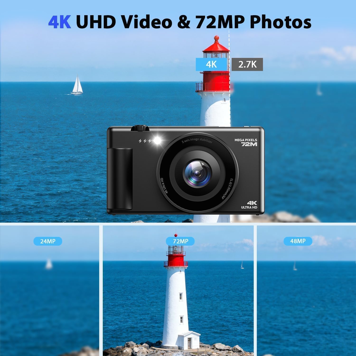 Thumbnail 1 de 4K Digital Camera for Vlogging: 72MP Still Photos, 18x Digital Zoom and 270° Flip Screen