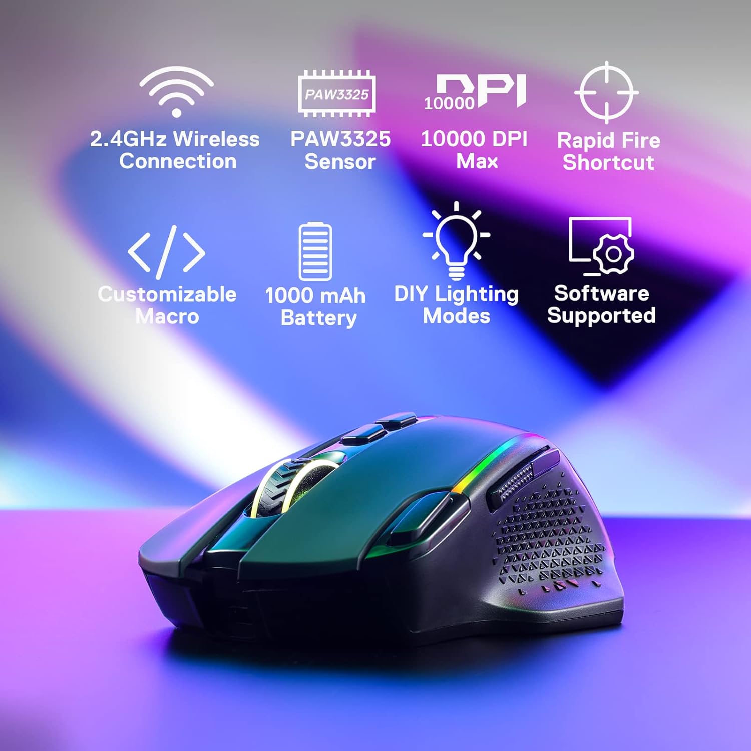 Detalle de Redragon M810 Pro Gaming-Maus (kabelgebunden & kabellos) mit 10.000 DPI, 8 Makrotasten und RGB