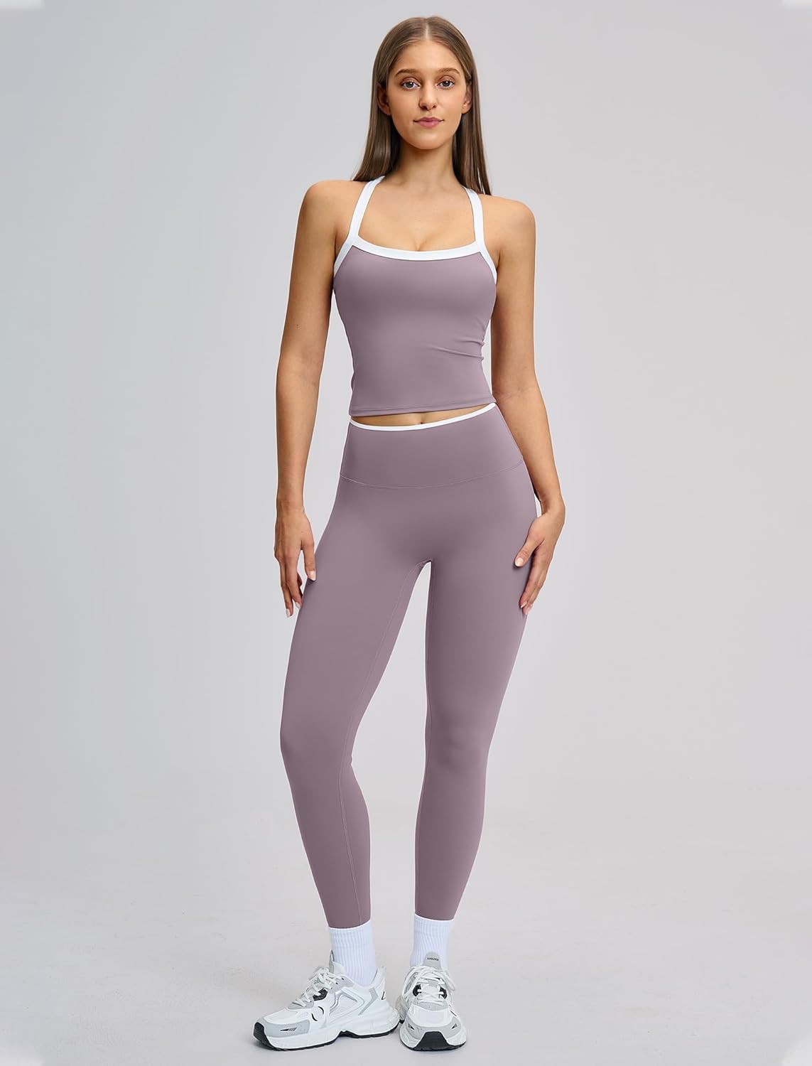 Detalle de QBGJTD Women's Two-Piece Cross Back Workout Set: Tank Top & High-Waist Leggings