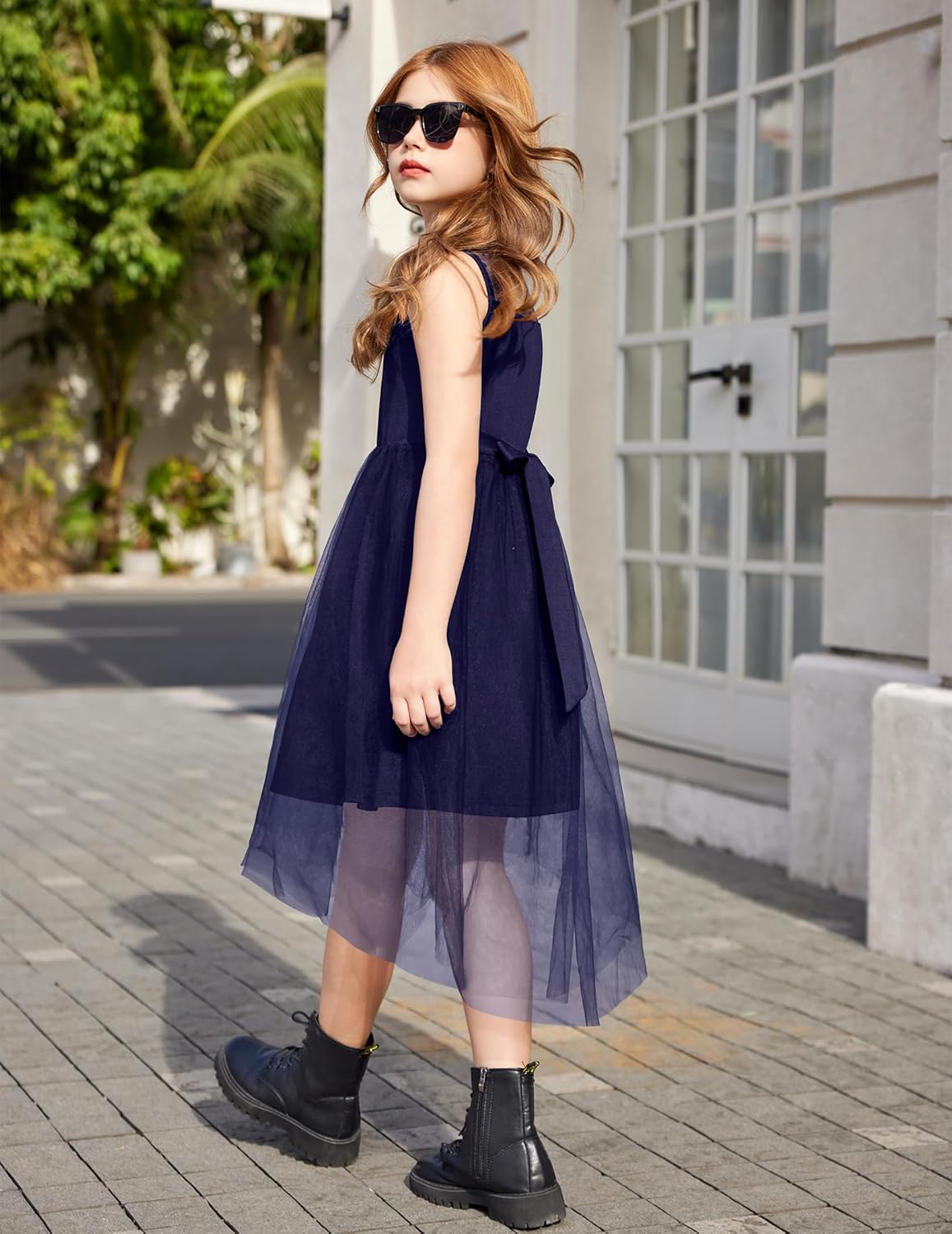 Detalle 2 de Arshiner Robe sans manches pour fille – Robe d'été en tulle avec ceinture et ourlet asymétrique (6–15 ans)