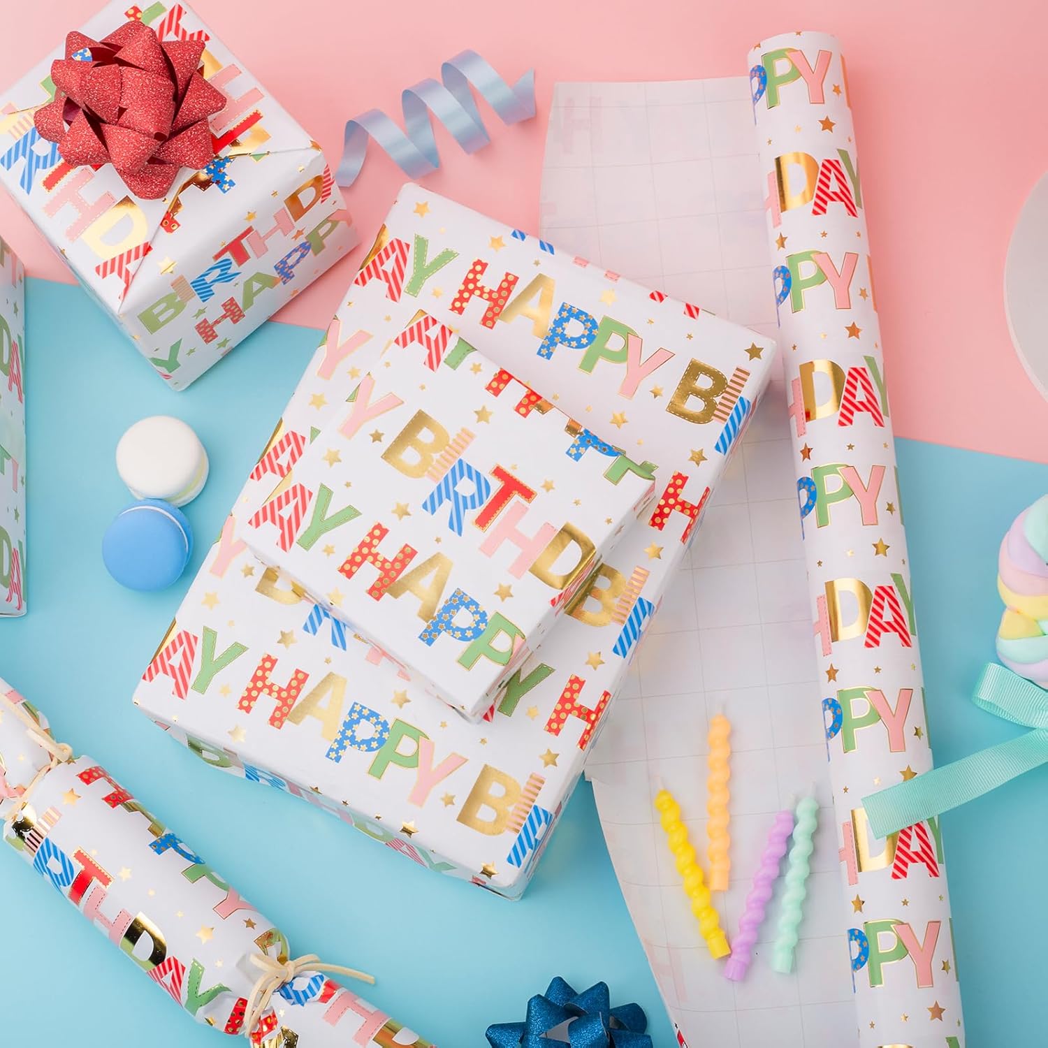 Thumbnail 4 de WIKADLIK Colorful Birthday Wrapping Paper Roll – 43 cm x 10 m with Gold Foil Happy Birthday Lettering