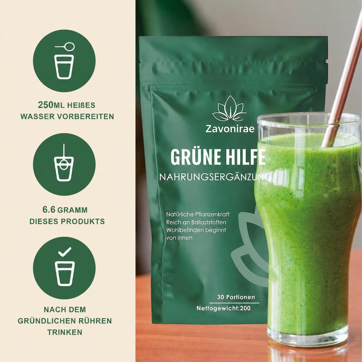 Detalle de Grüne Entgiftungspulver – 200 g Superfood Greens Mix mit Matcha, Gerstengras, Heidelbeeren