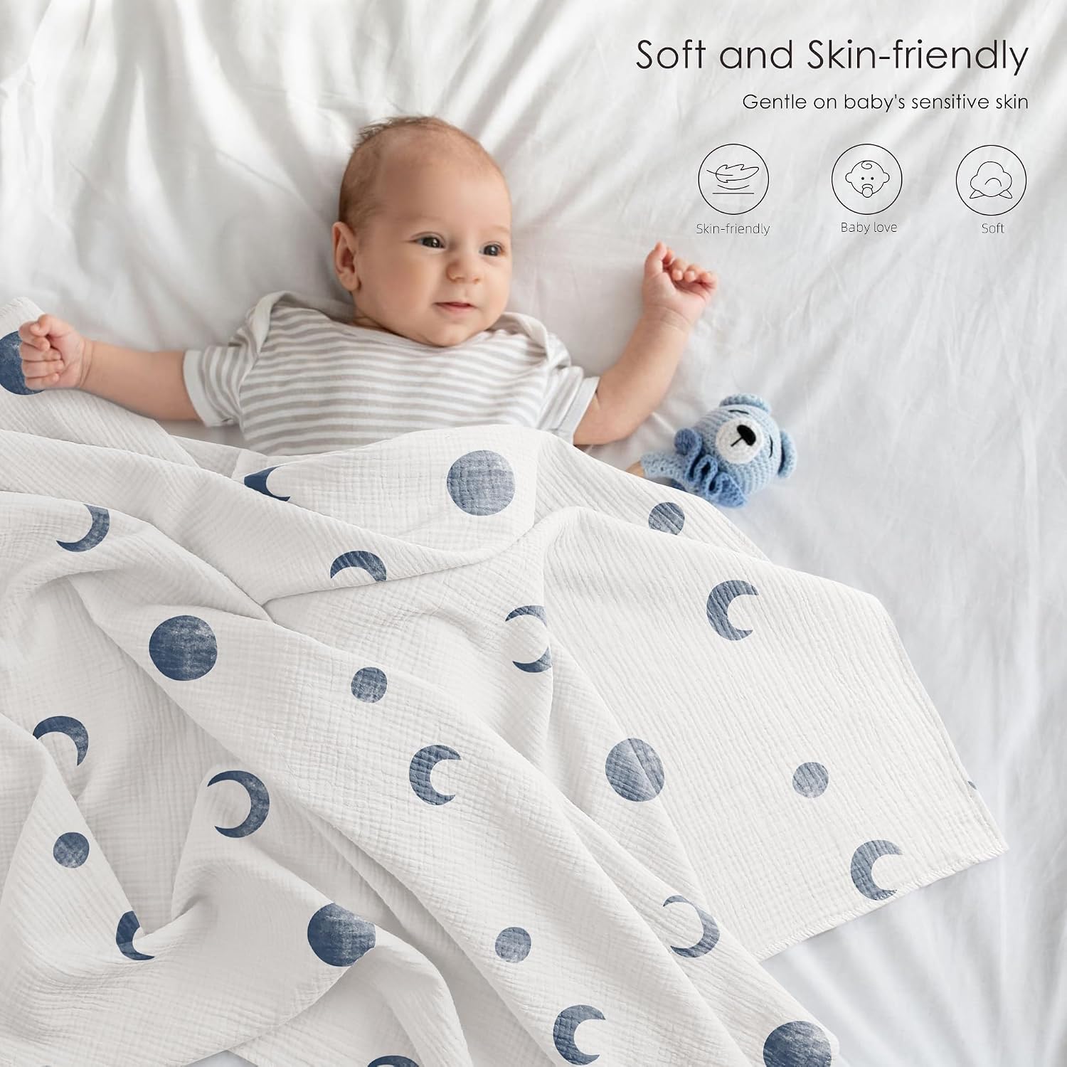 Thumbnail 2 de bearmoss Muslin Swaddle Blankets – 100% Cotton, 96x100 cm, 3 Pack (Blue Moon)