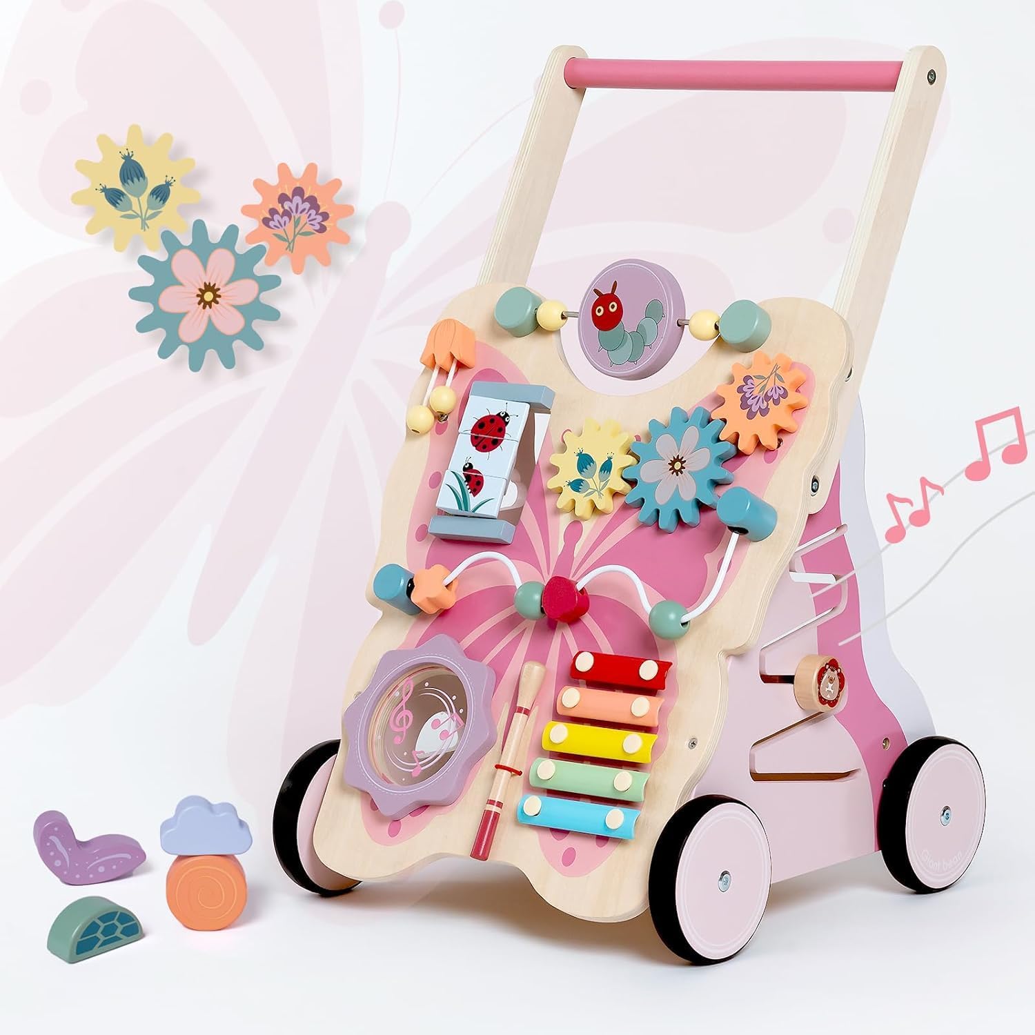 Detalle de Giant bean Lauflernwagen aus Holz im Schmetterlingsdesign (rosa) – Baby Walker ab 1 Jahr für Mädchen und Jungen