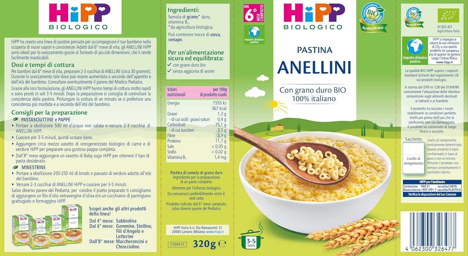 Detalle de HiPP Pastina Bio, Anellini – 12 Confezioni da 320 g (3840 g) – Biologico