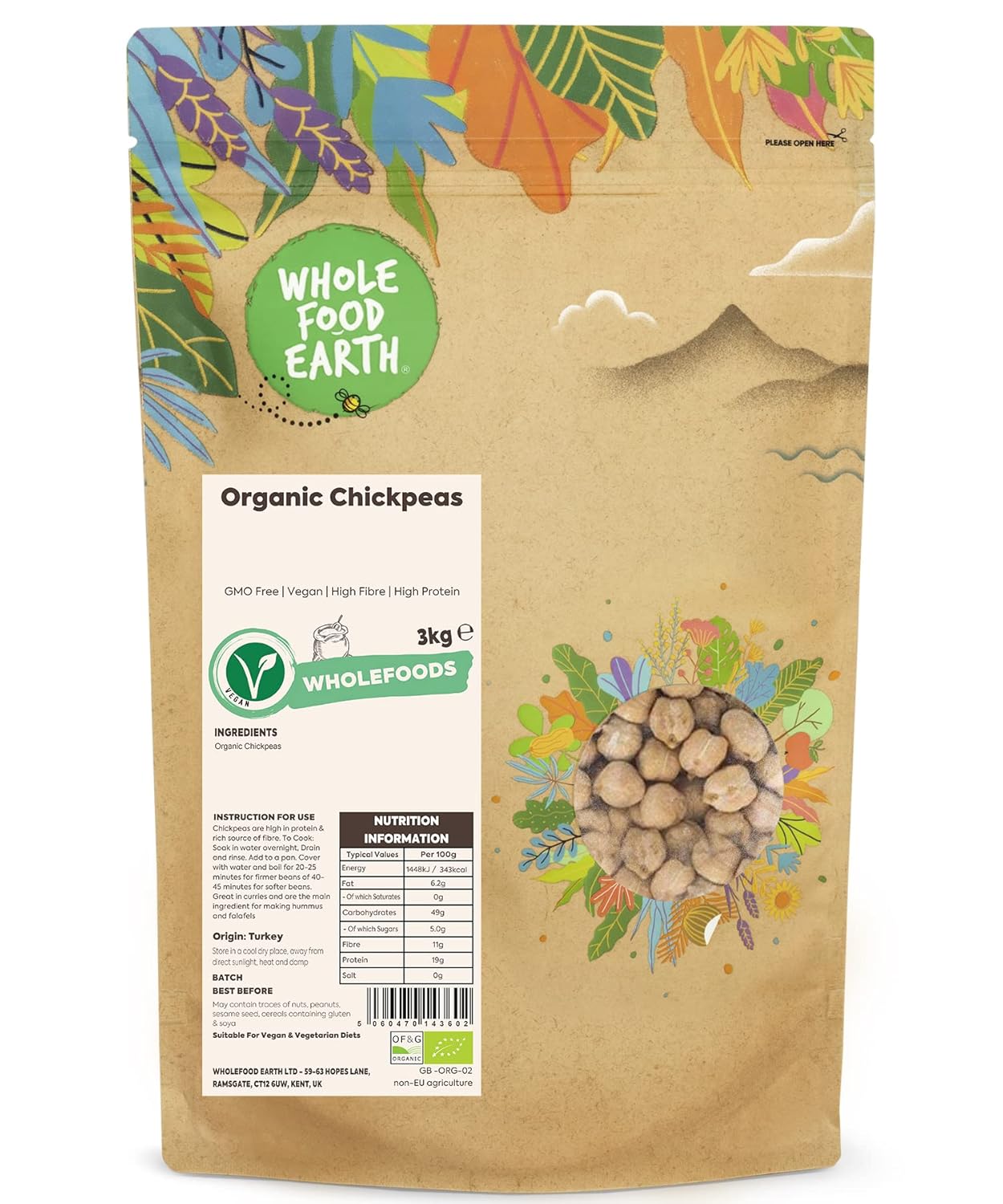 Wholefood Earth Bio-Kichererbsen 3 kg (GVO-frei, vegan, ballaststoff- & proteinreich)