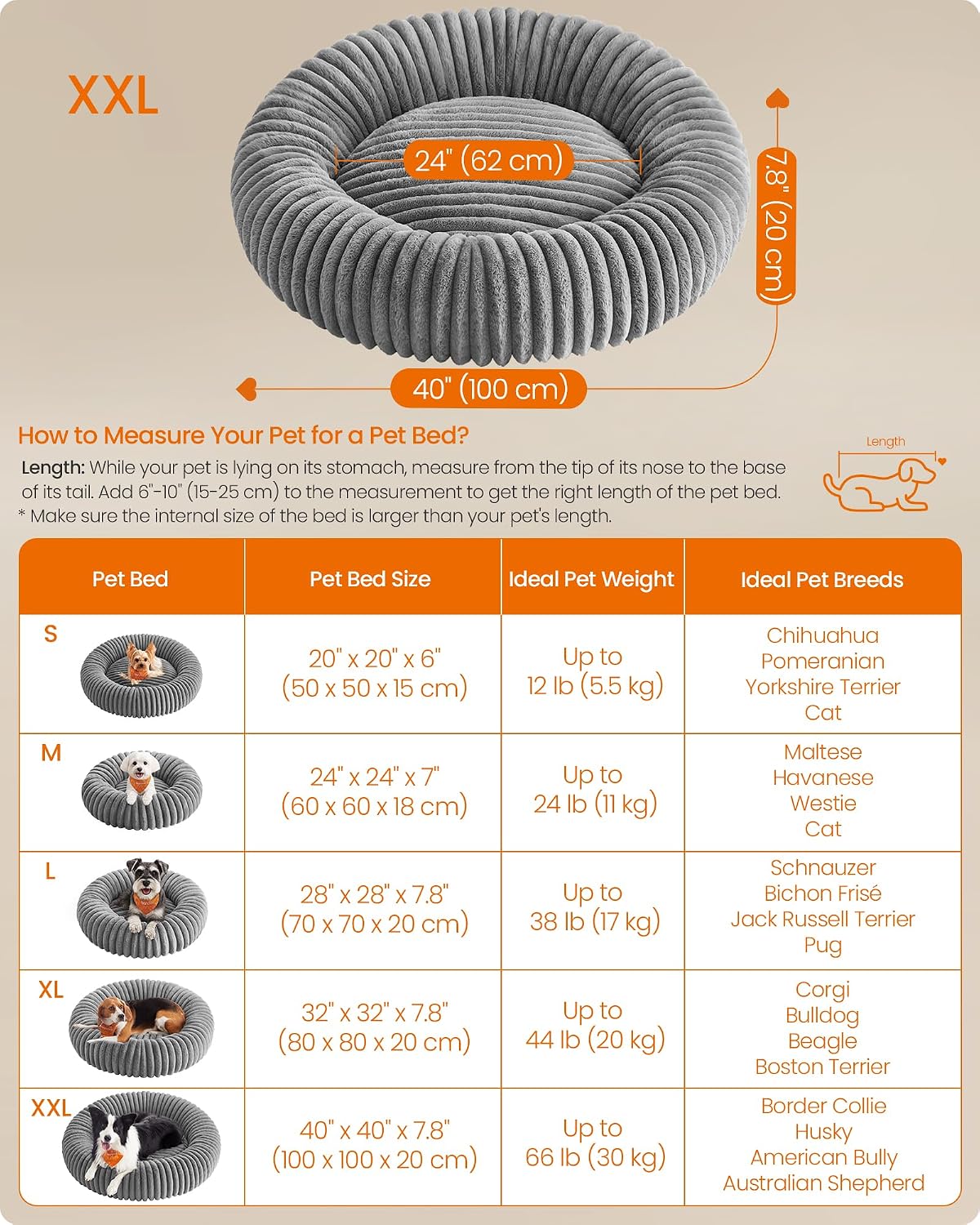 Detalle 2 de Feandrea Dog Bed (Extra Large) 100 cm Donut Bed in Dove Grey, Washable & Non-Slip