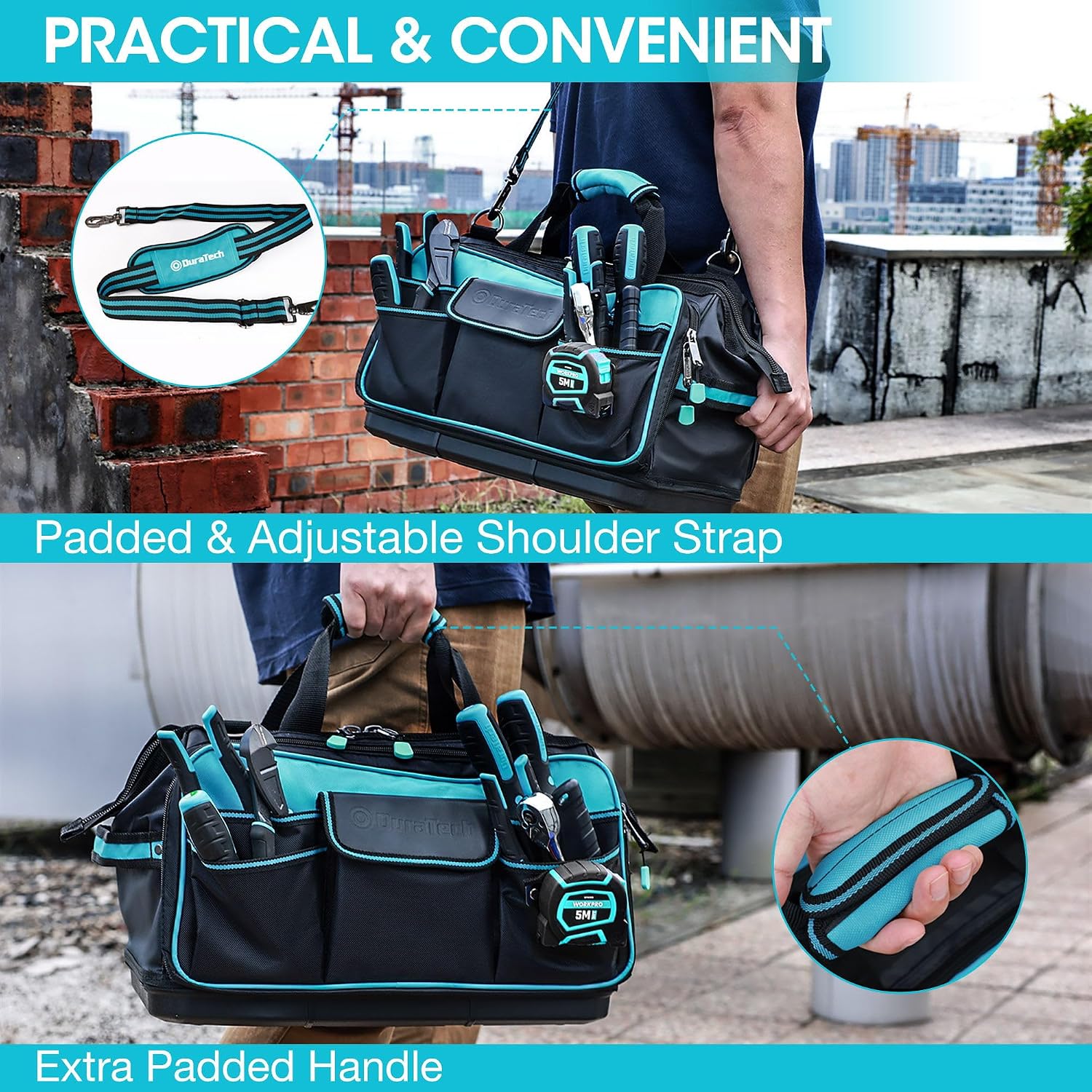 Detalle de DURATECH Sac à Outils 43 cm avec ouverture large et 32 poches en tissu Oxford 840D