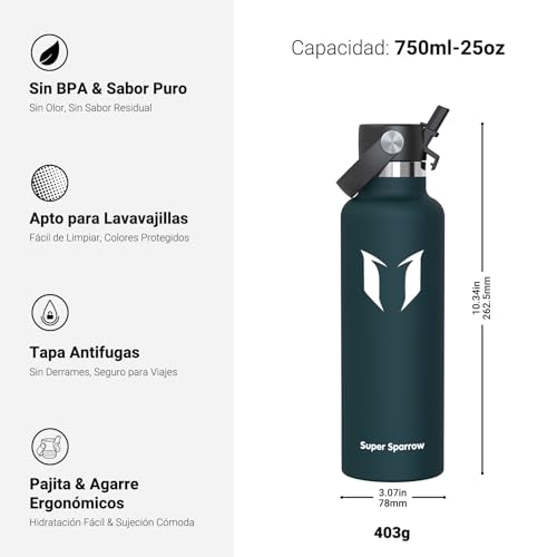 Detalle de Super Sparrow Sparrow Botella Agua Acero Inoxidable 750 ml con FlipFlow y Pajita