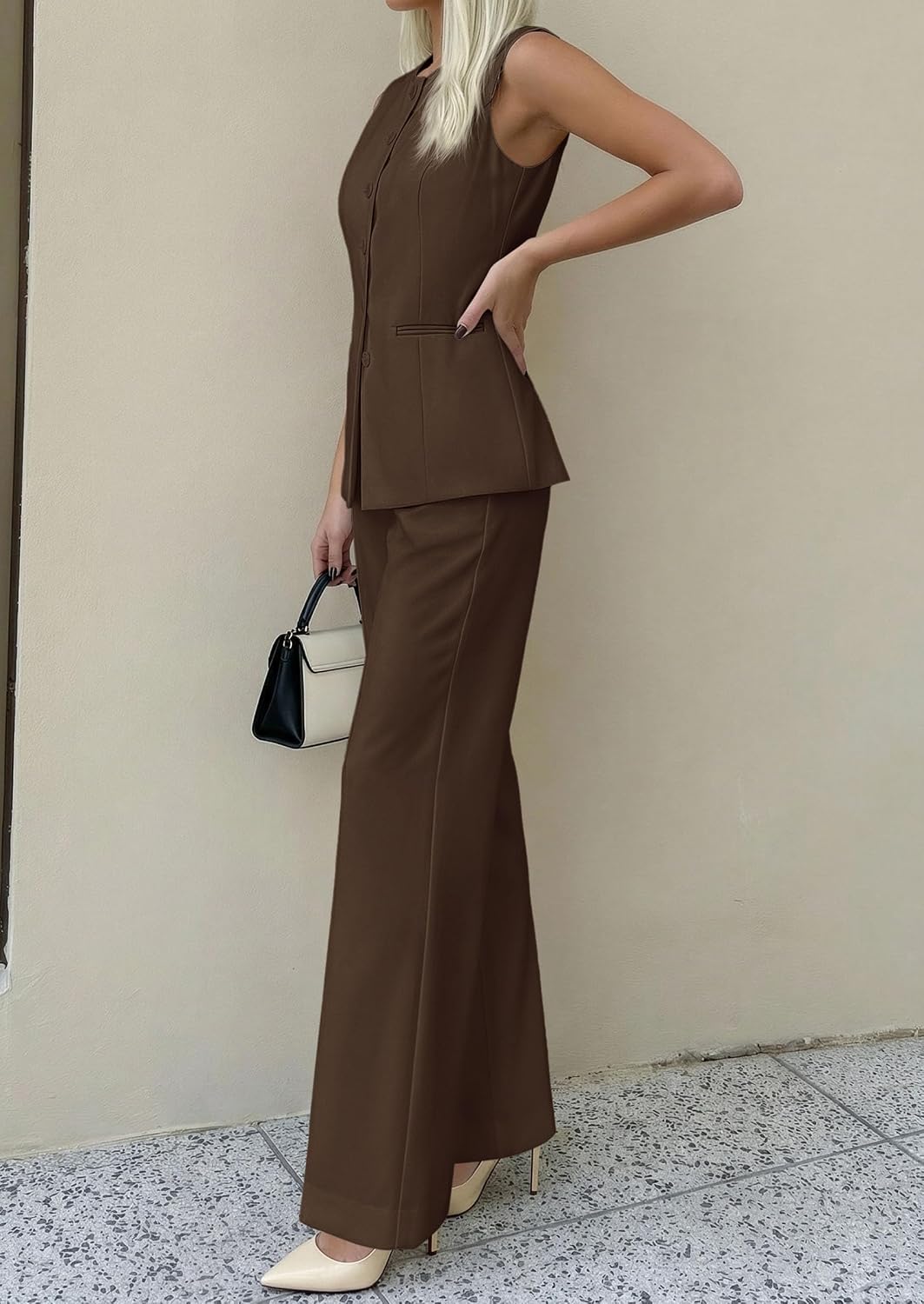 Thumbnail 3 de PRETTYGARDEN Women's 2-Piece Sleeveless Blazer Vest & Wide-Leg Pants Set