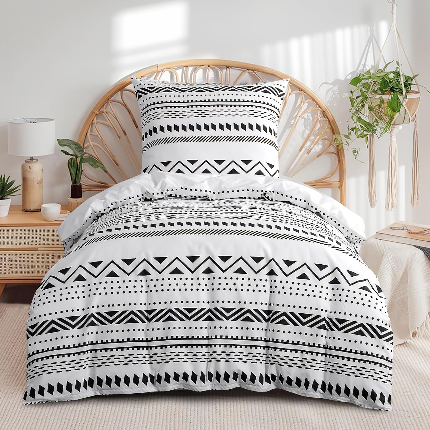 Detalle de RUIKASI Bettwäsche 155x220 Baumwolle – 2-teilig grau, Boho-Streifenmuster mit Reißverschlüssen
