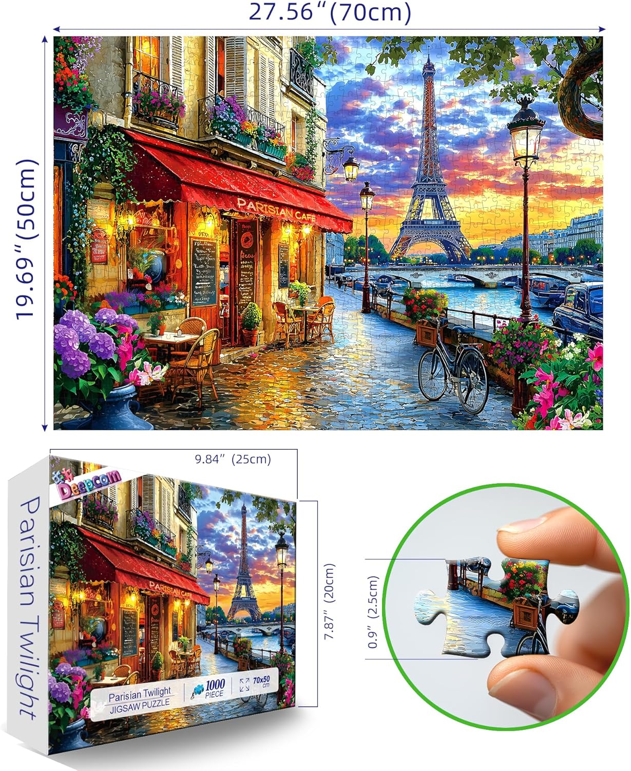 Thumbnail 1 de 1000-Piece Paris Twilight Jigsaw Puzzle for Adults (Eiffel Tower & Seine River) — 27.56 x 19.69 in Finished Size